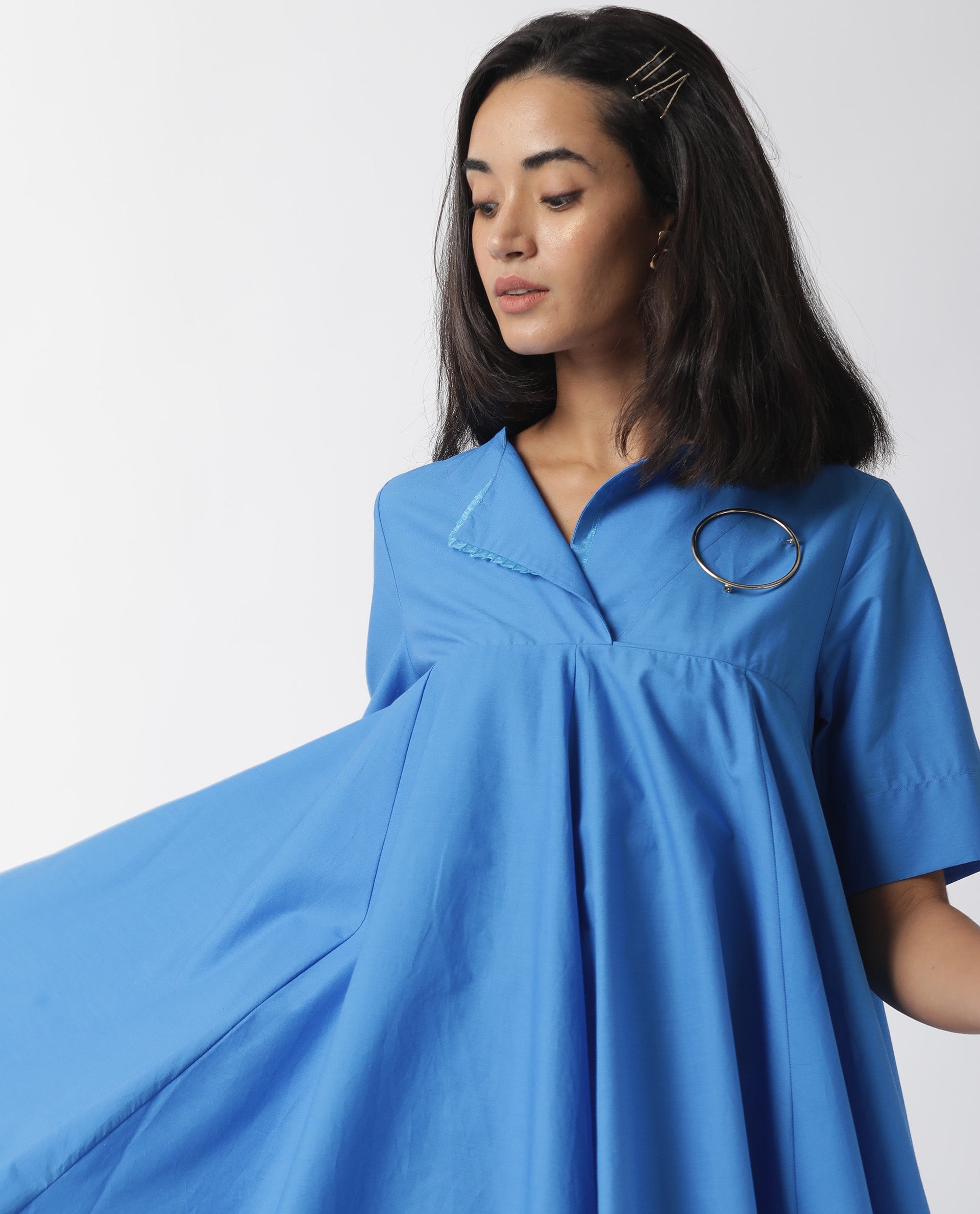 Rareism Women Array Dark Blue Overlap Lapel Collar Short Sleeves Flared Knee Length Dress