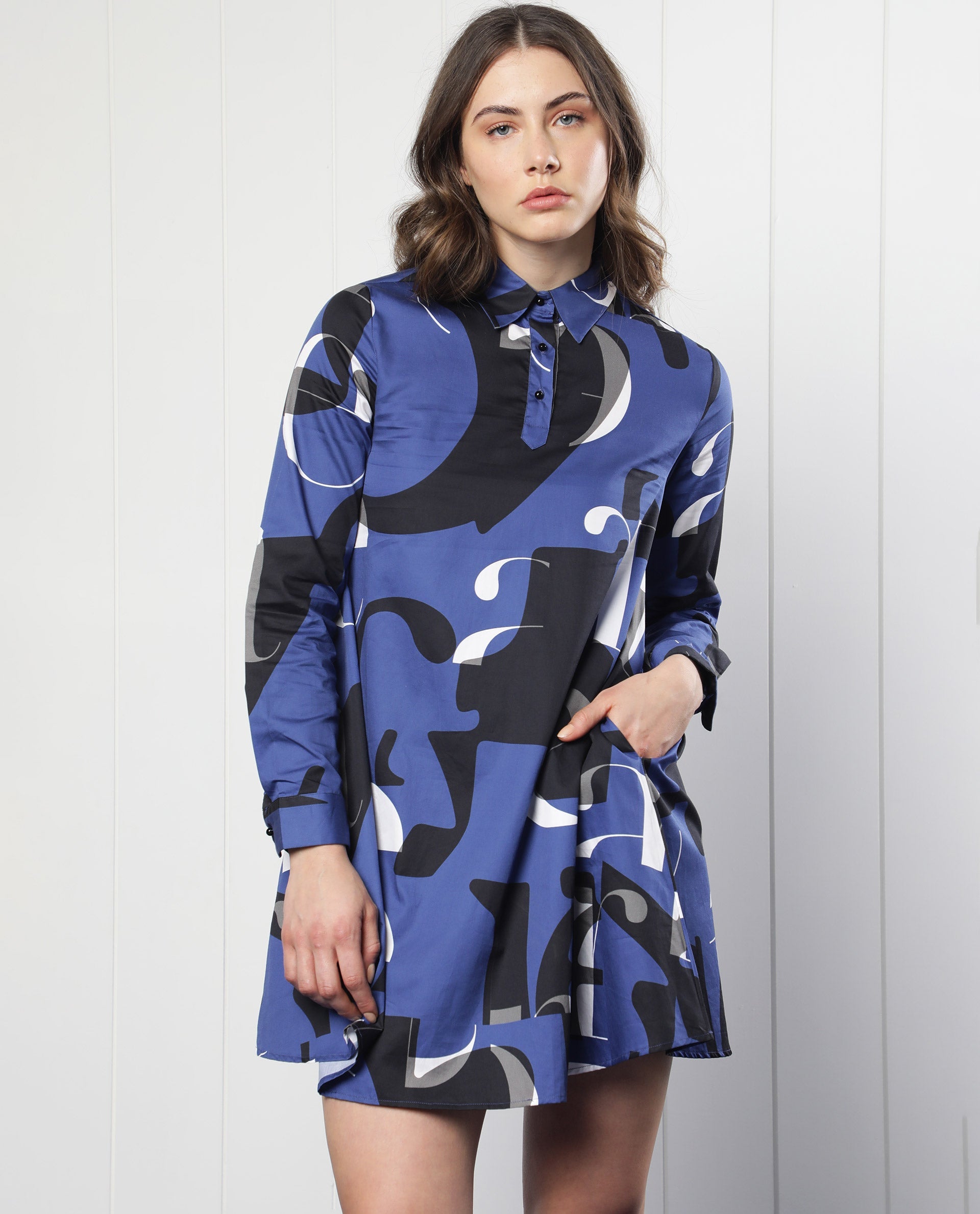 Rareism Women Macie Blue Cotton Fabric Full Sleeves Button Closure Mandarin Collar Regular Fit Graphic Print Knee Length Boxy Dress