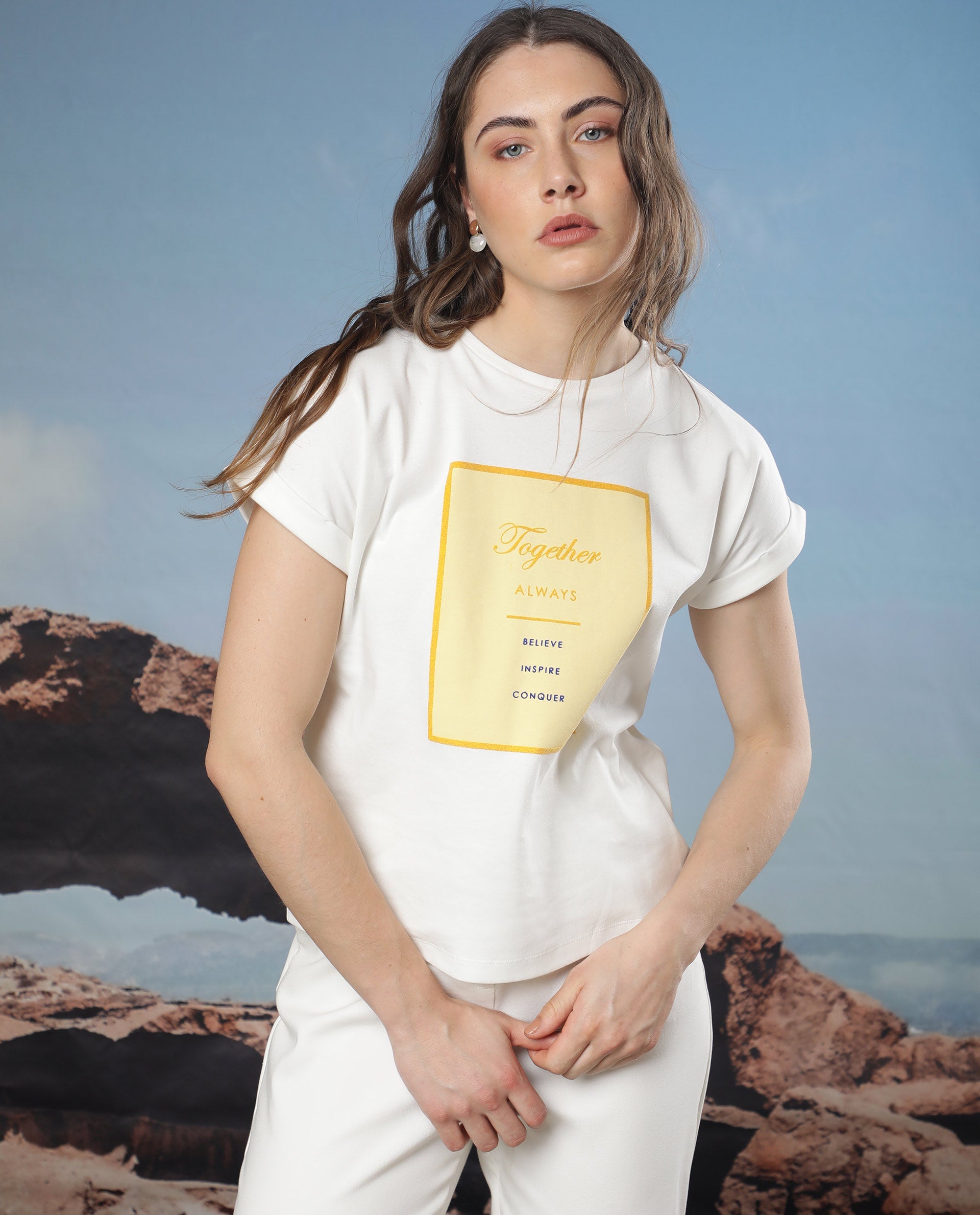 Rareism Women Ira White Cotton Fabric Short Sleeves Crew Neck Regular Fit Graphic Print T-Shirt