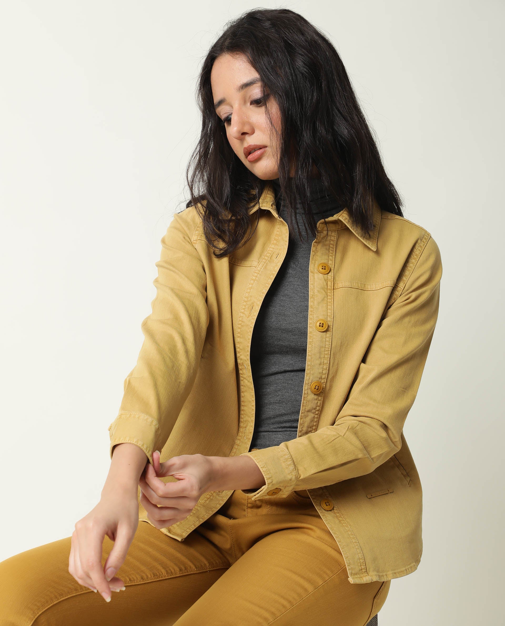 Rareism Women Mission Mustard Cotton Lycra Fabric Full Sleeves Solid Shirt Collar Jacket