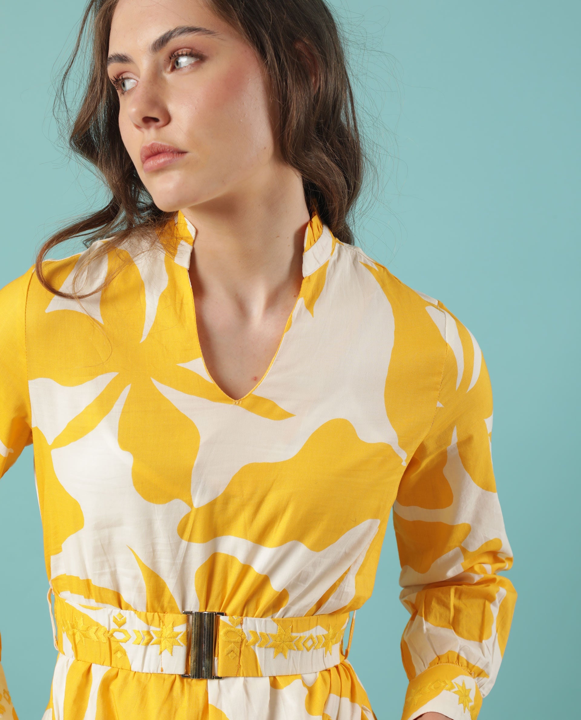 Rareism Women Eliott White Floral Print Mandarin Collar V Neck Full Sleeves With Cuff And Fabric Waist Belt Midi Dress