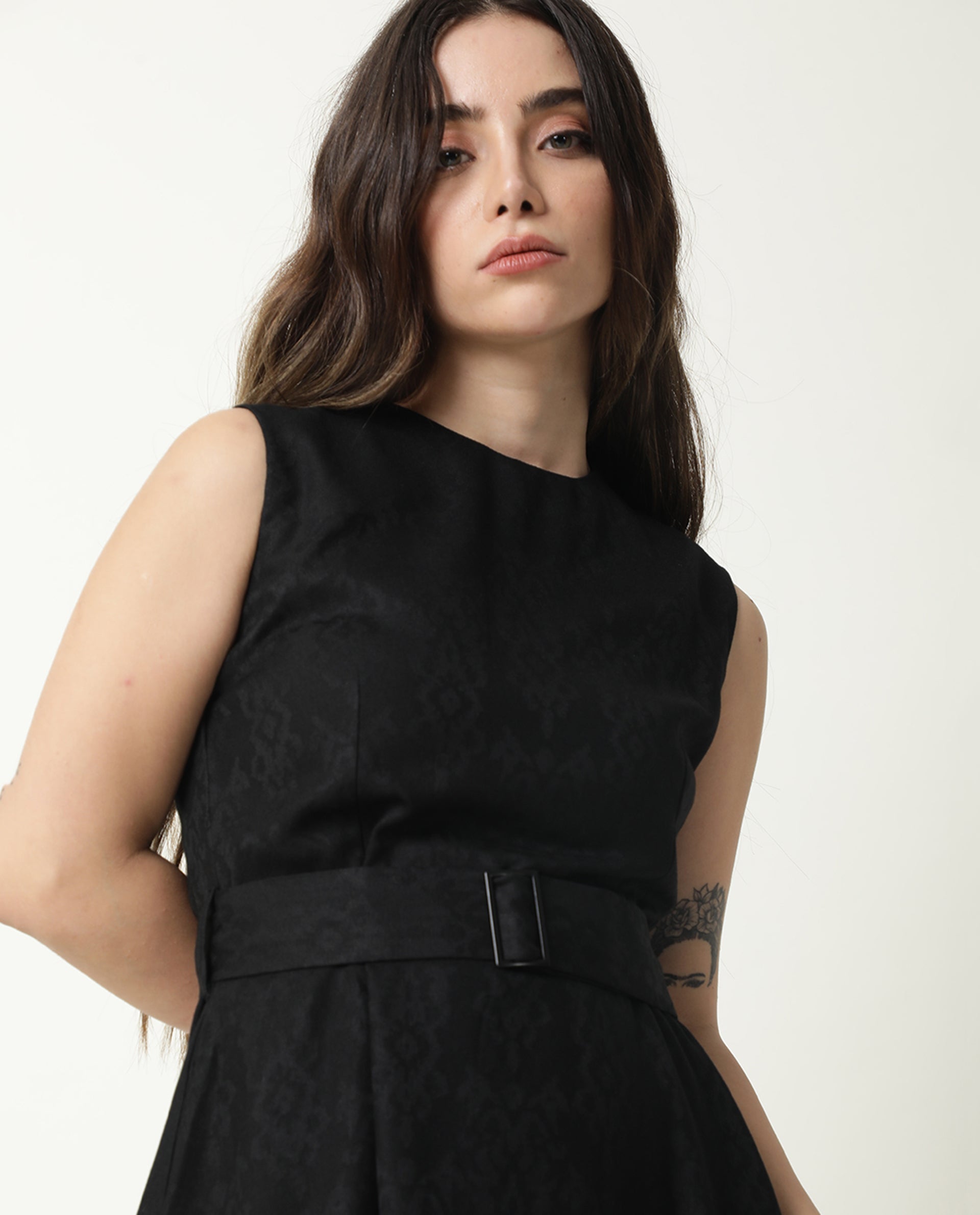 Rareism Women Lacau Black Boat Neck Sleeveless With Fabric Belt Buckle Back Zip Closure Midi Dress