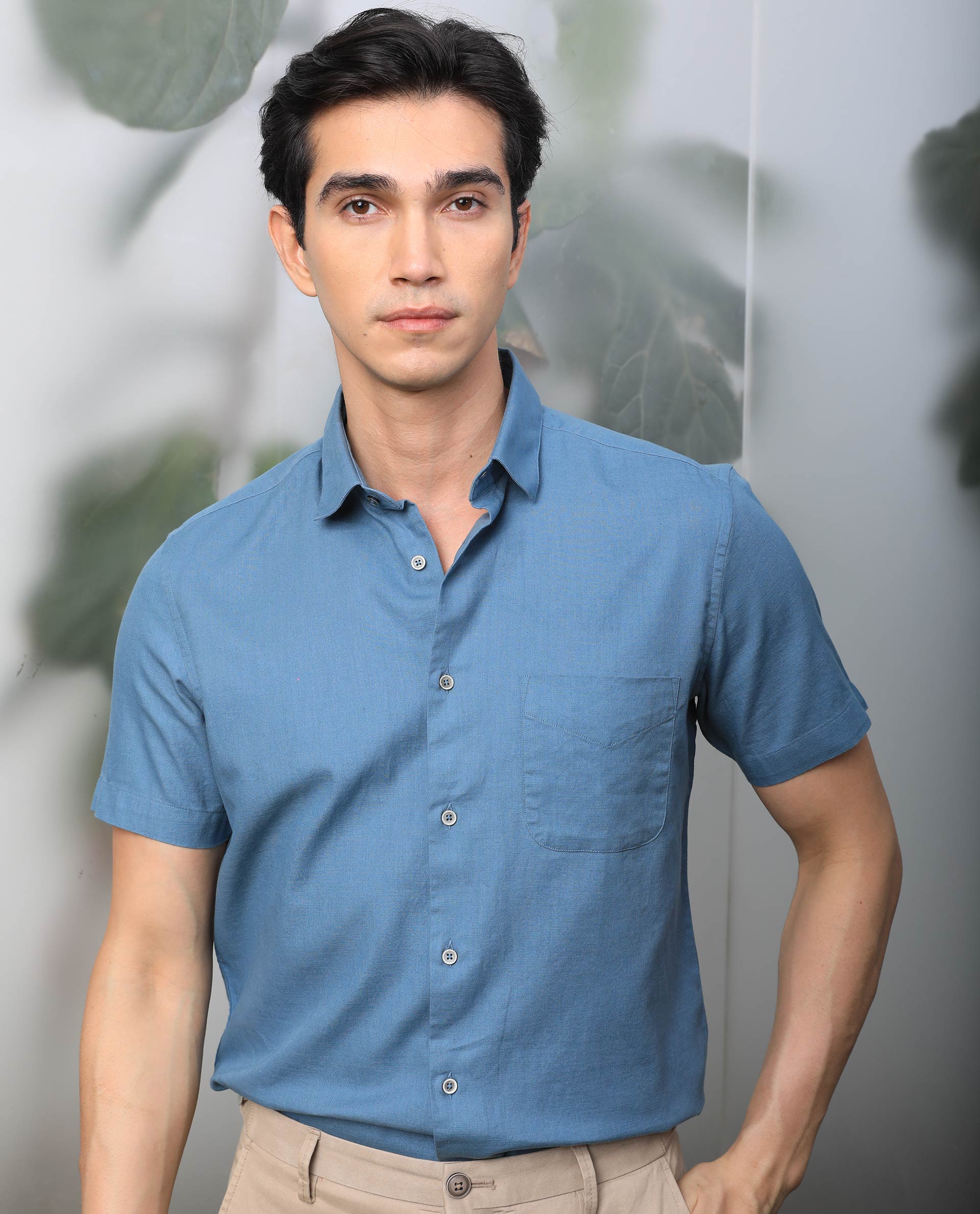 Rare Rabbit Mens Darwin Blue Cotton Fabric Short Sleeves Regular Fit Solid Shirt