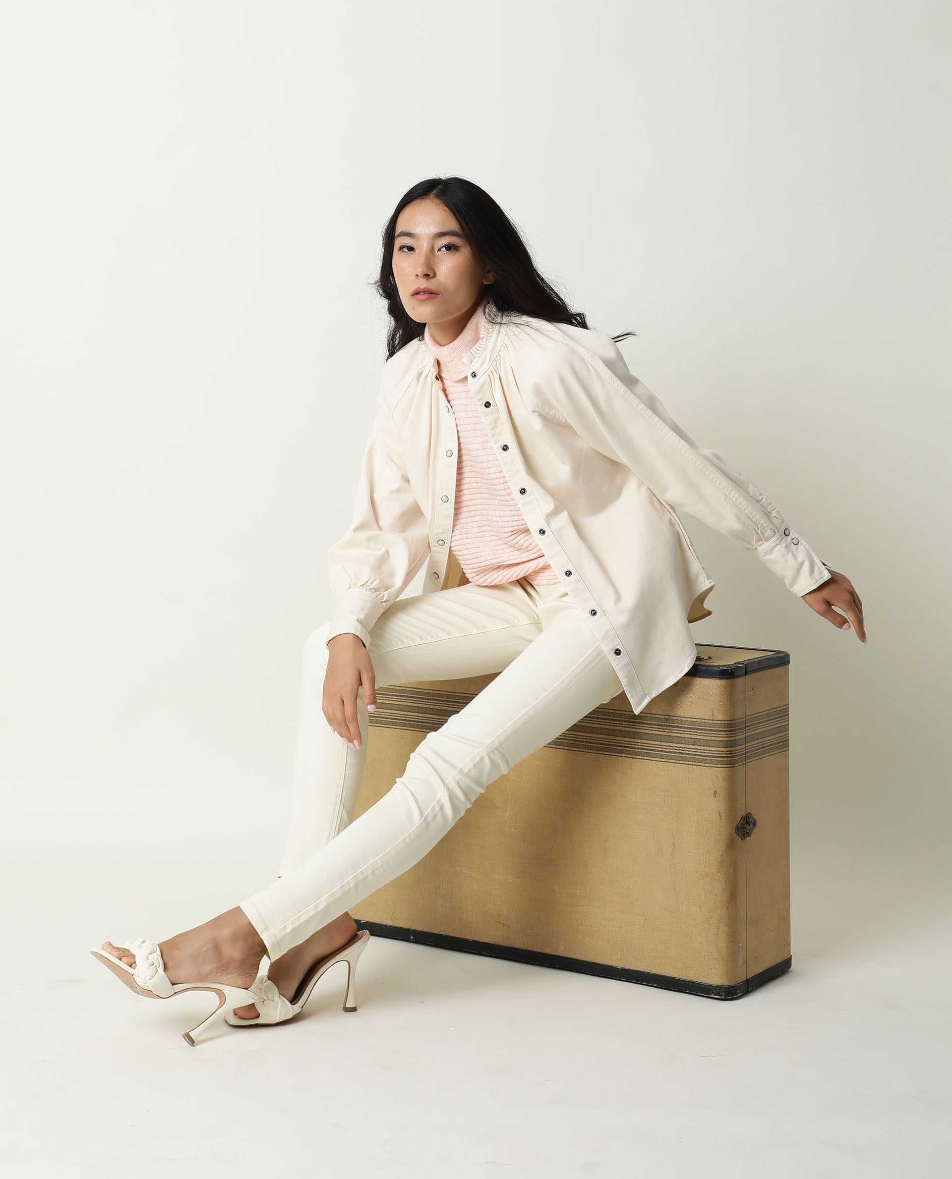 Rareism Women Bellona Off White Cotton Fabric Full Sleeves Solid Ruffled Neck Jacket