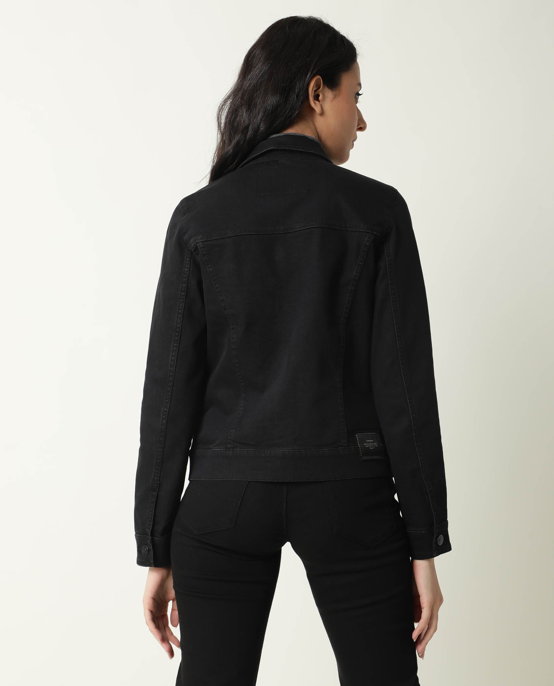Rareism Women Misso Black Cotton Lycra Fabric Full Sleeves Solid Shirt Collar Jacket