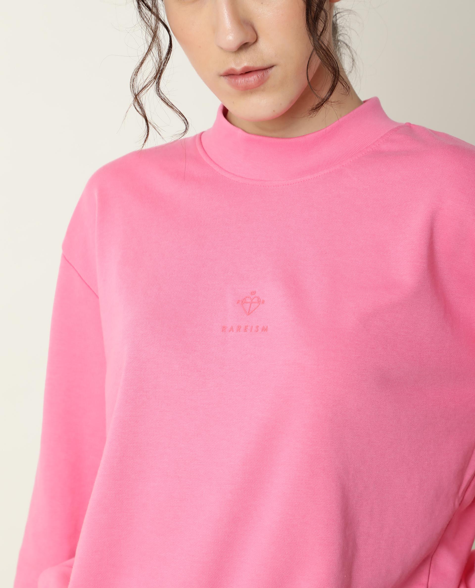 Rareism Women Necker Pink Relaxed Fit Full Sleeves Solid High Neck Sweatshirt