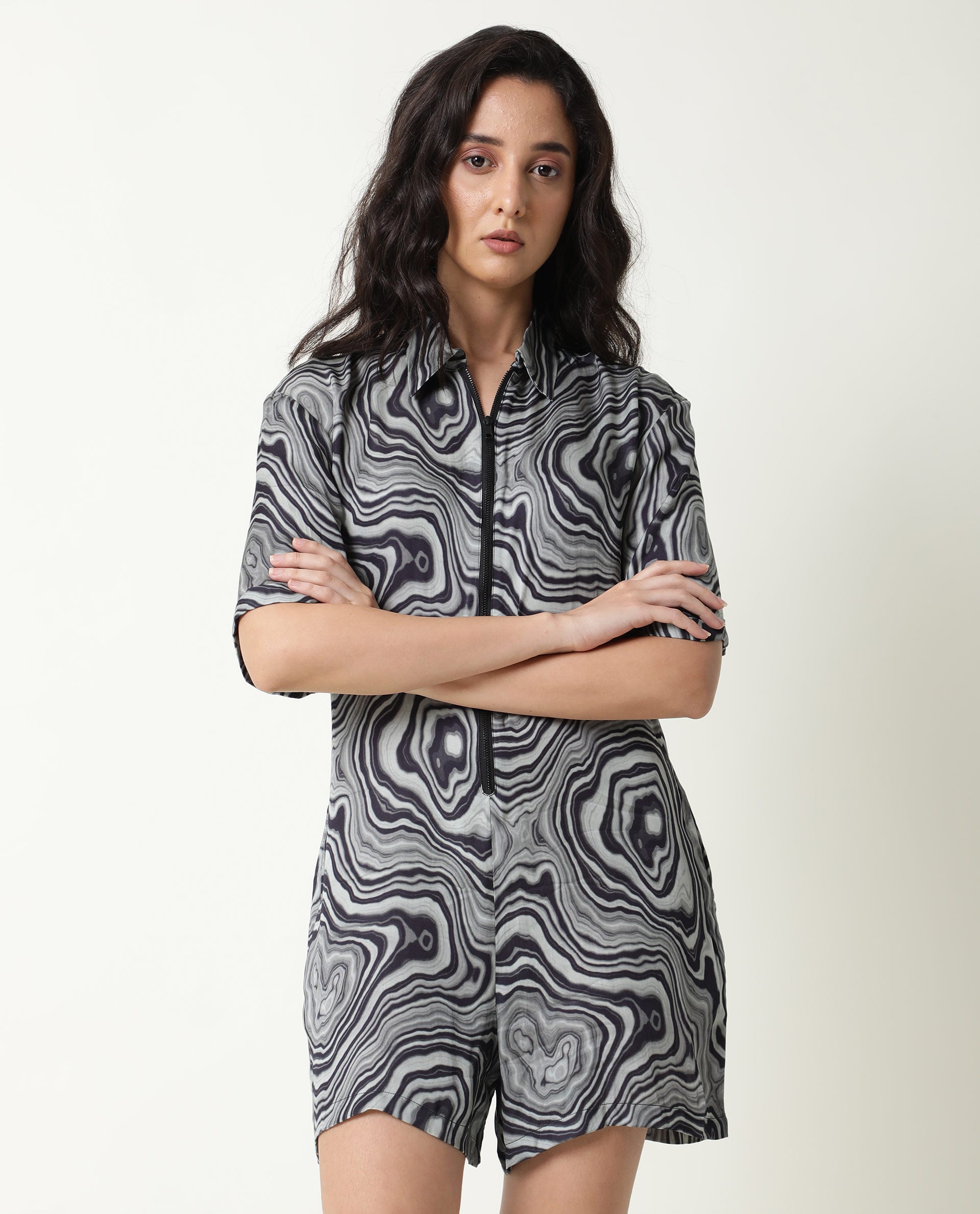 Rareism Women Santa Black Modal Satin Fabric Regular Fit Shirt Collar Abstract Print Playsuit