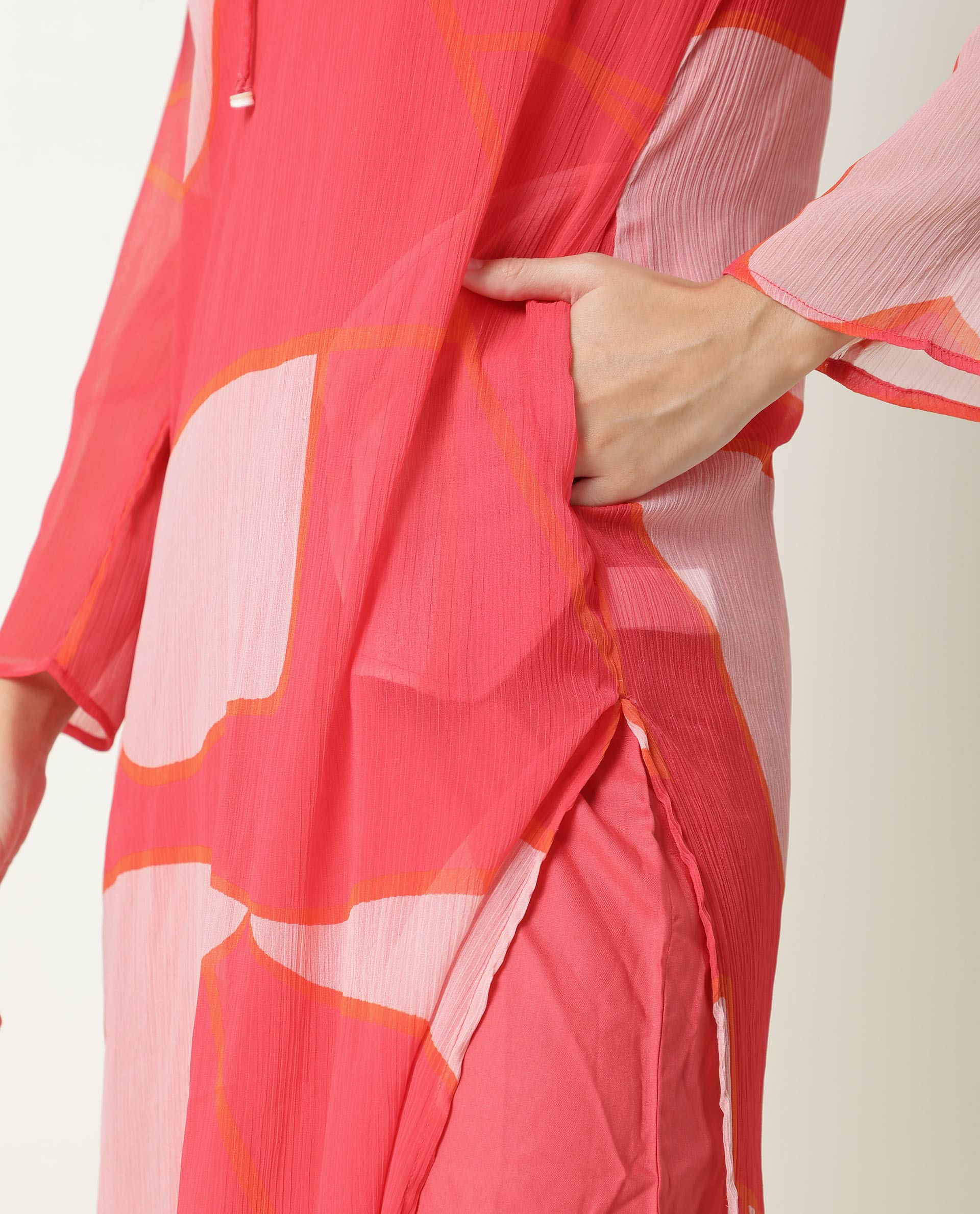 Rareism Women Benett Pink Abstract V Neck With Criss Cross Tie Up Full Sleeves Midi Dress