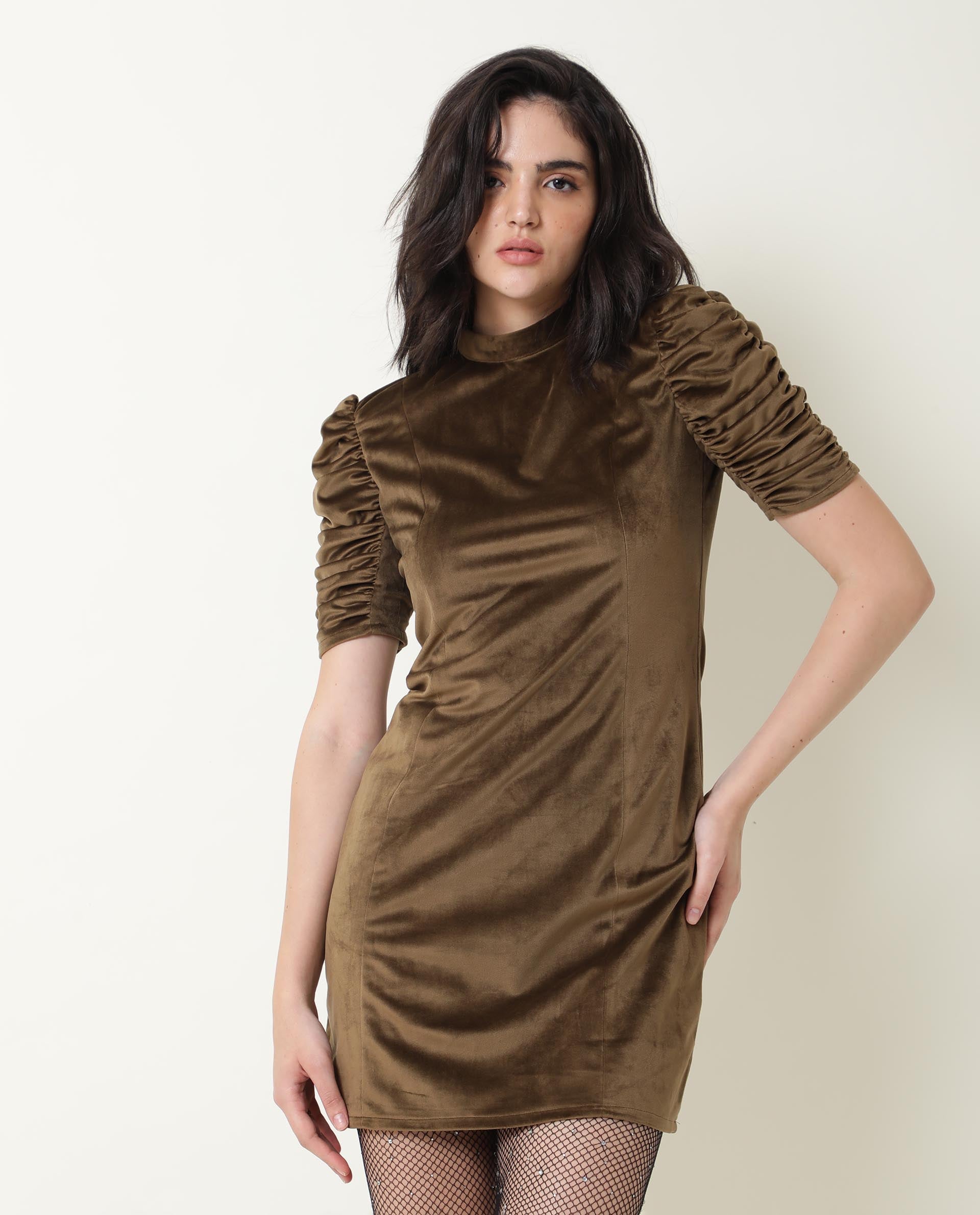 Rareism Women Winey Olive Round Neck Ruched Half Sleeves Mini Dress