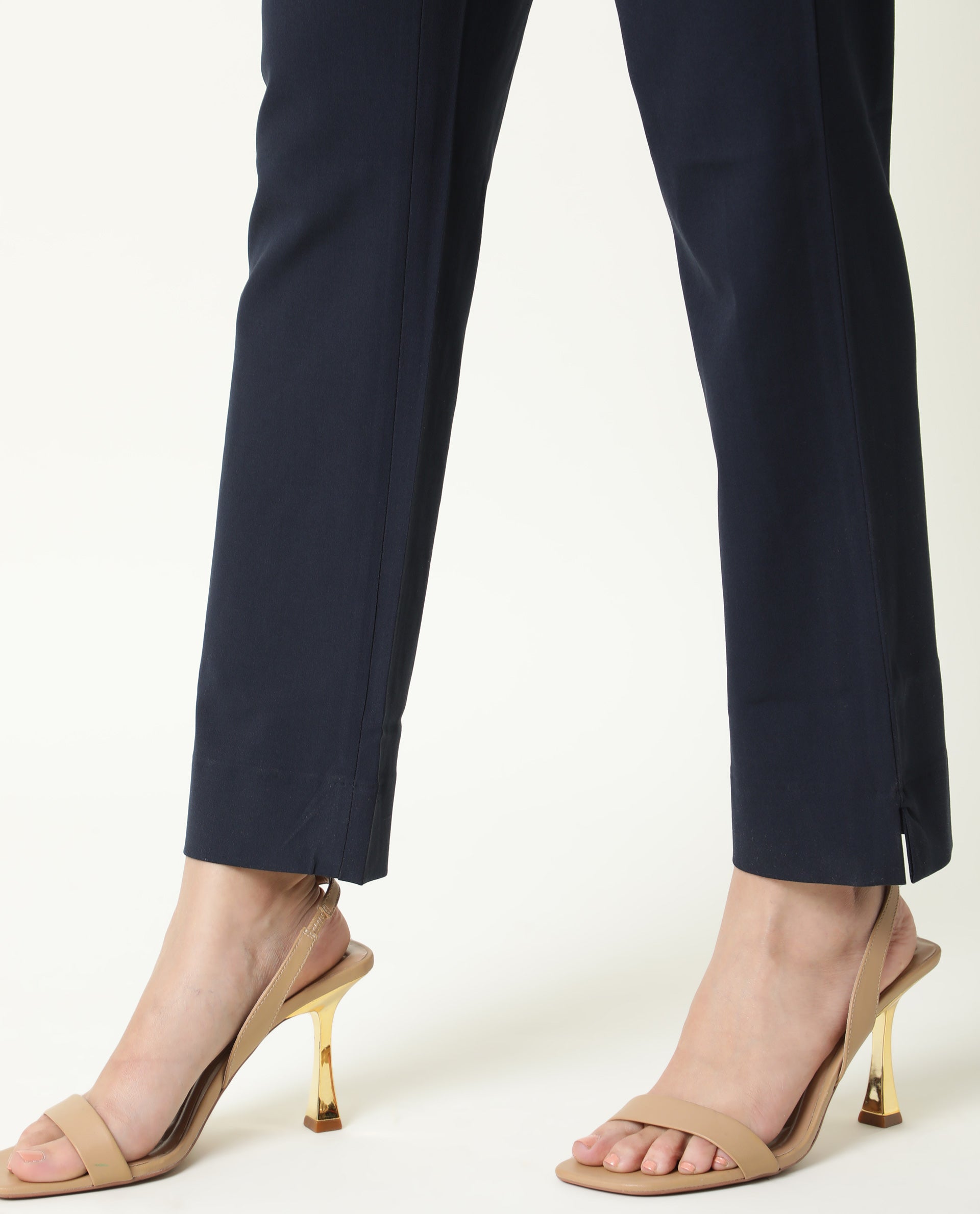Rareism Women Yard Navy Poly Cotton Fabric Boot Cut Mid Rise Solid Ankle Length Trousers