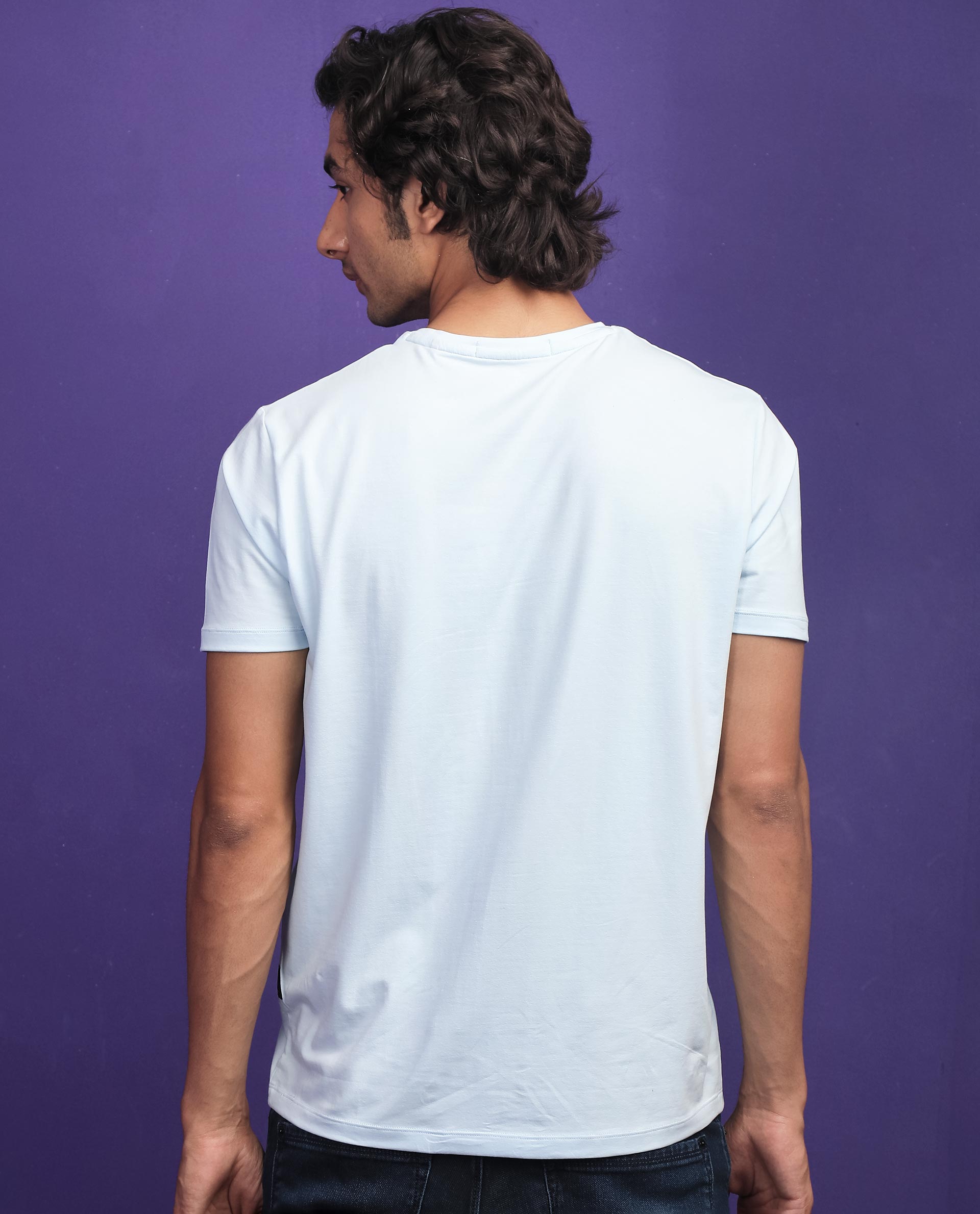 Rare Rabbit Men's Emine Light Blue Crew Neck Discharge Graphic Printed Half Sleeves Slim Fit T-Shirt