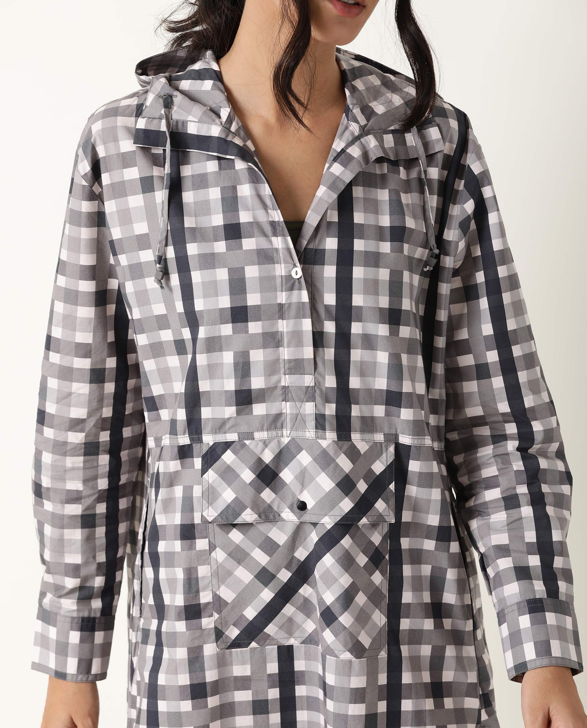 Rareism Women Loreal Grey Checks Shirt Collar With Hoodie Full Sleeves Front Pocket Patch With Side Slit Midi Dress
