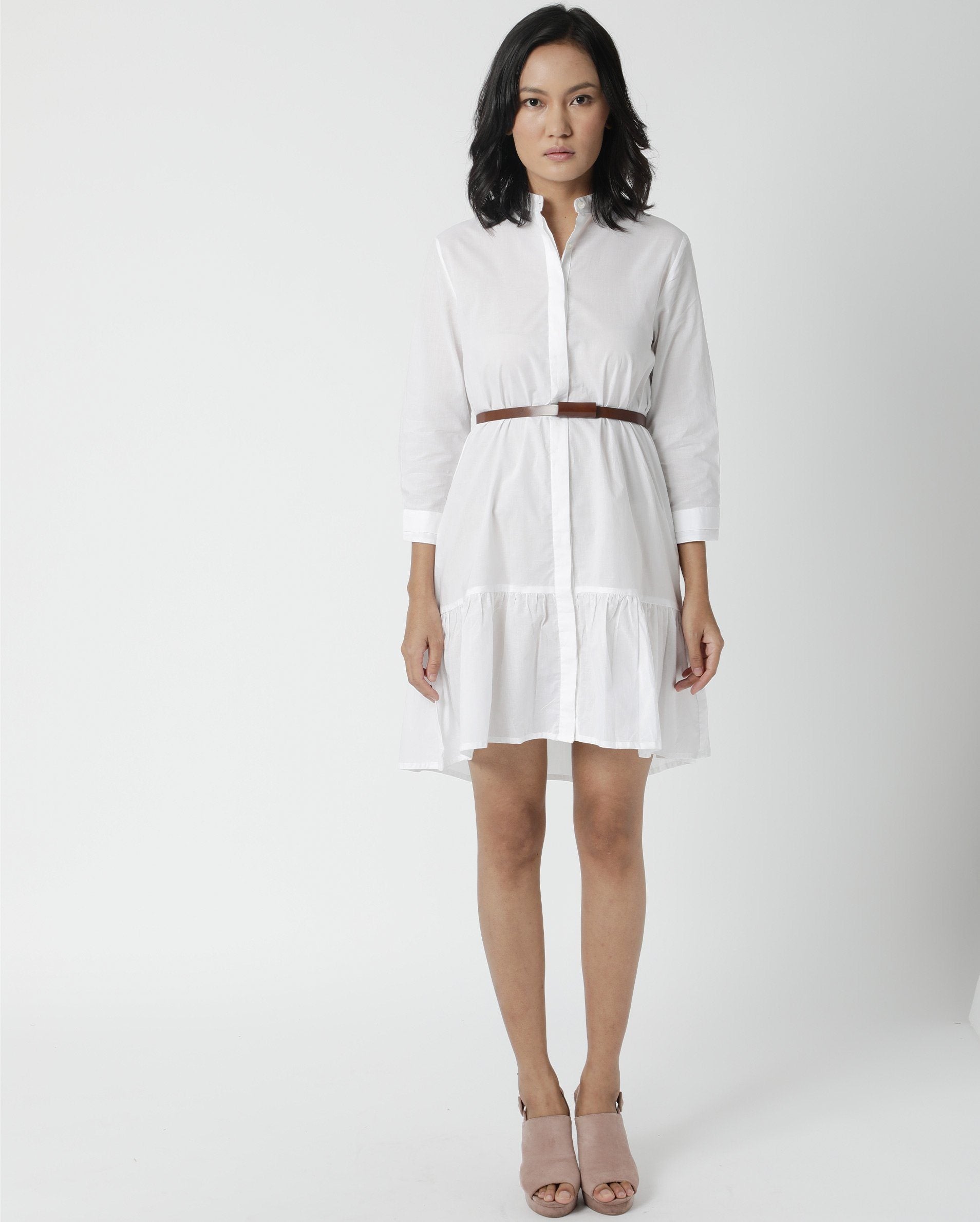 Rareism Women Krepe White Dress Short Sleeves Solid