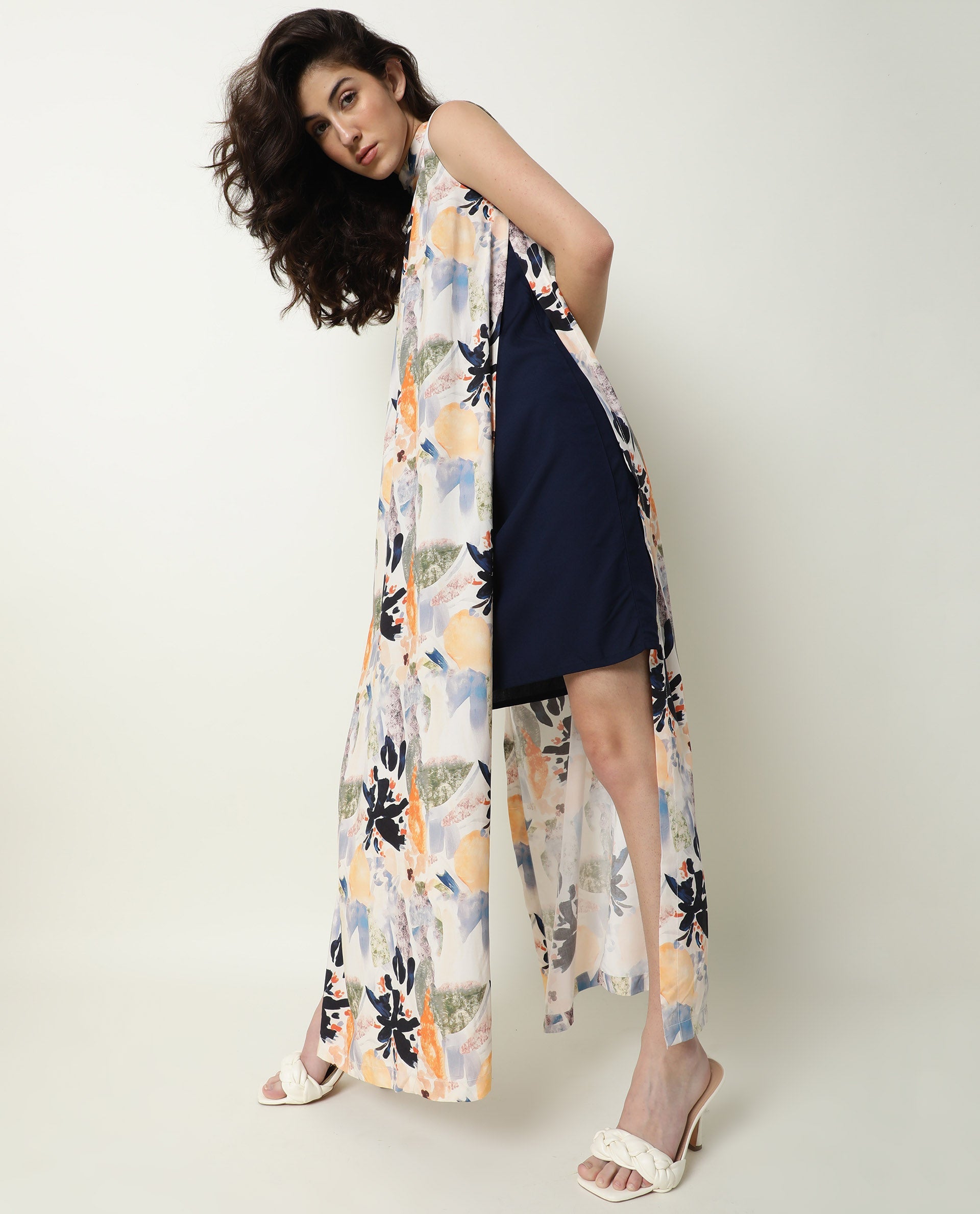 Rareism Women Isa Multi Abstract Print High Neck Band Collar With Ruffles Side Full Slit And Back Button Closure Maxi Dress