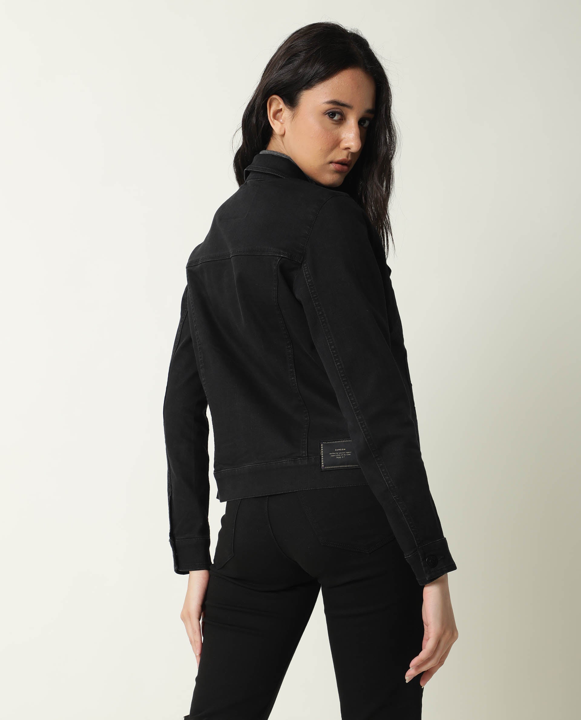 Rareism Women Misso Black Cotton Lycra Fabric Full Sleeves Solid Shirt Collar Jacket