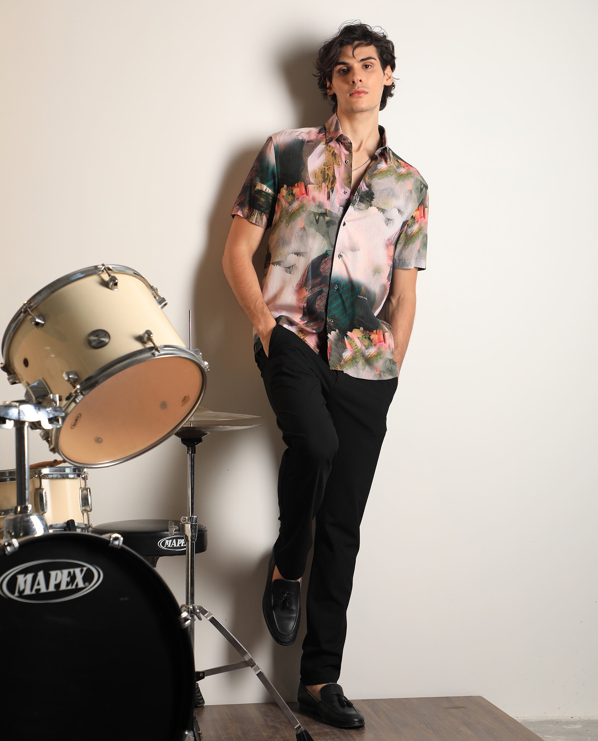 Rare Rabbit Men's Painter Green Viscose Fabric Half Sleeves Abstract Print Shirt