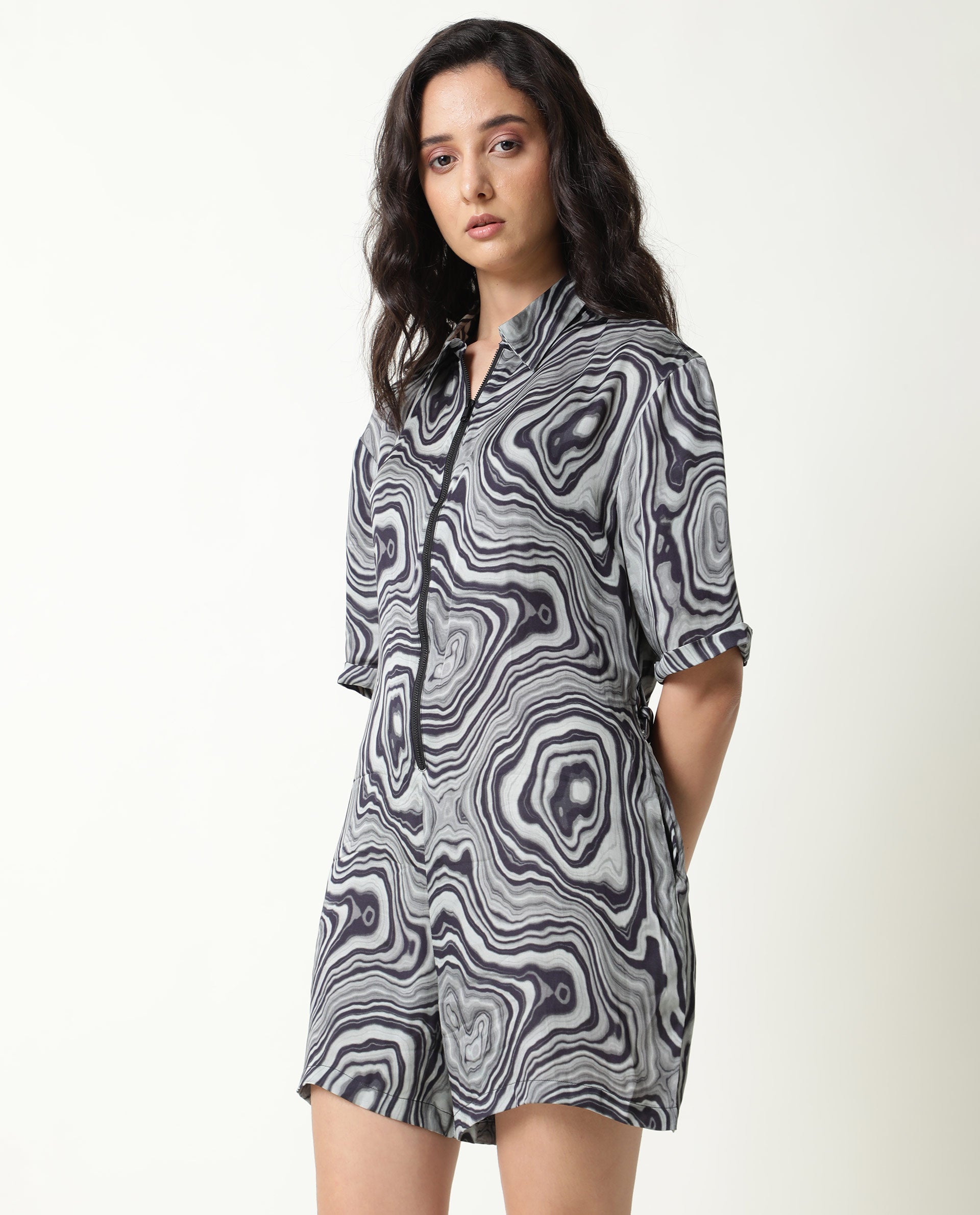 Rareism Women Santa Black Modal Satin Fabric Regular Fit Shirt Collar Abstract Print Playsuit