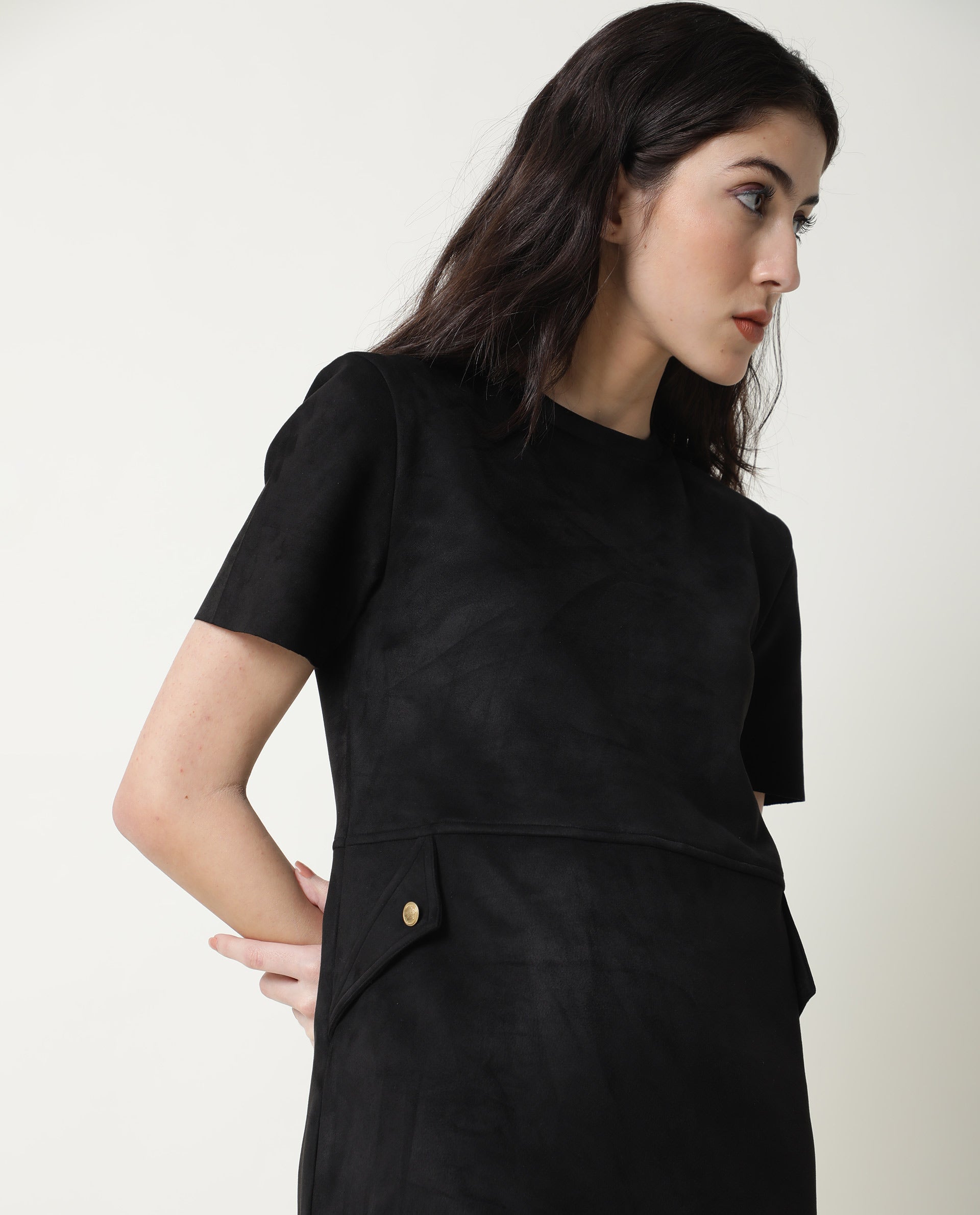 Rareism Women Sions Black Round Neck Short Sleeves Mini Dress