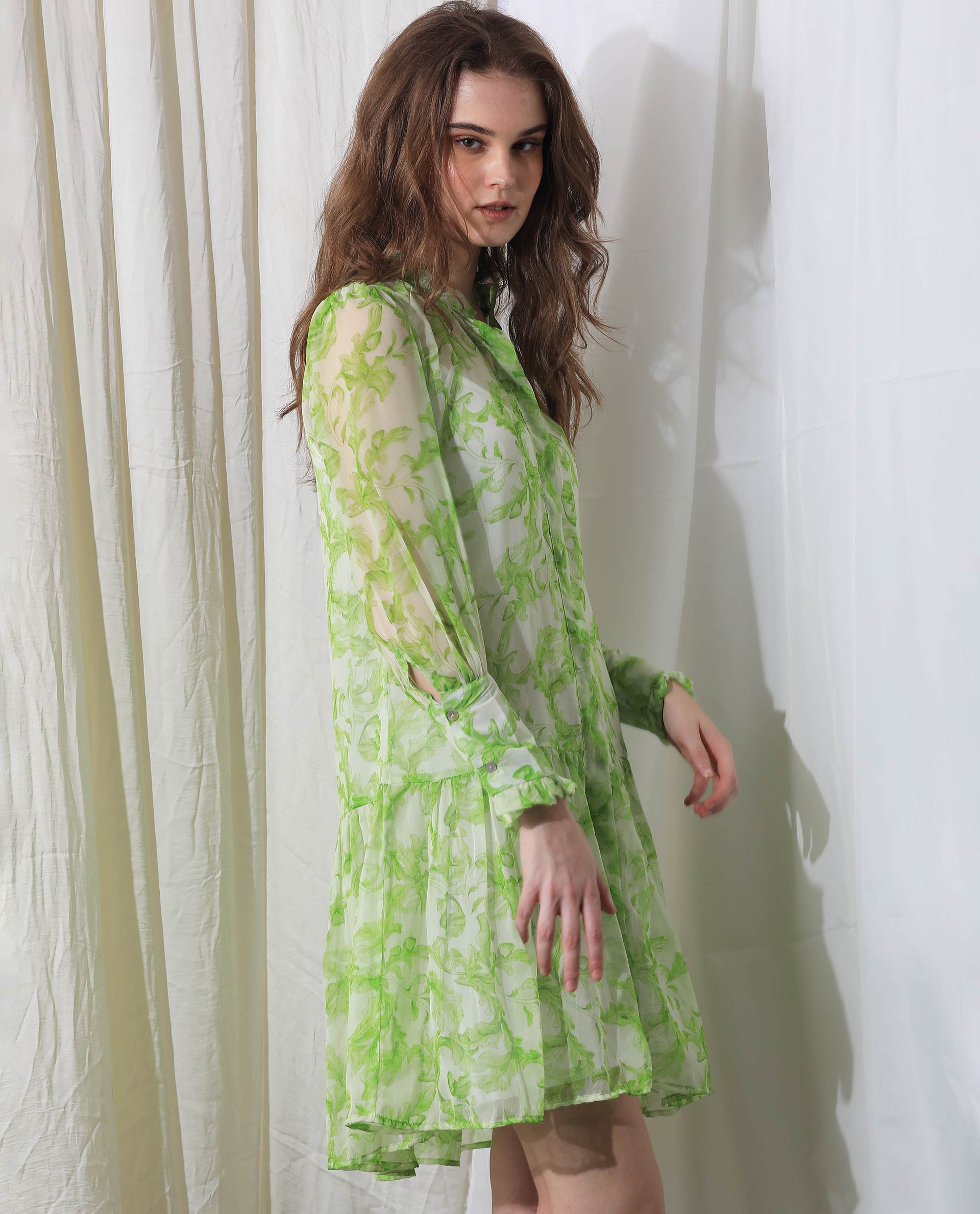 Rareism Women's Quin Green Polyester Fabric Ruffled Neck Button Closure Ruffled Sleeve Floral Print Knee Length Dress