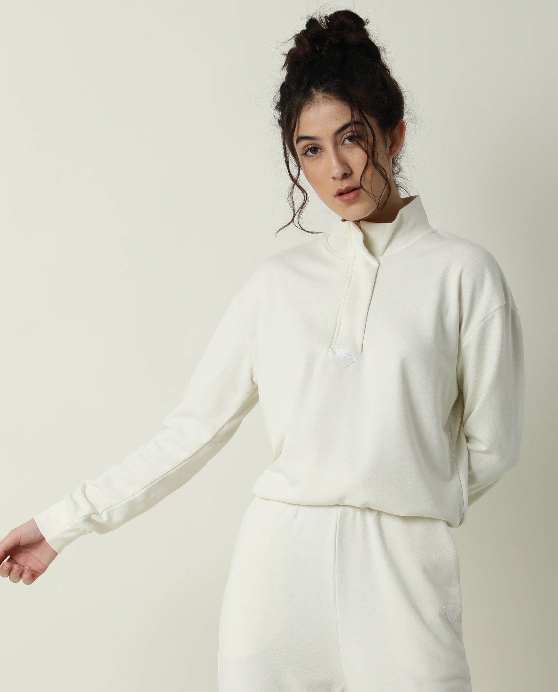 Rareism Women Taffy-1 Off White Relaxed Fit Full Sleeves Solid High Neck Sweatshirt
