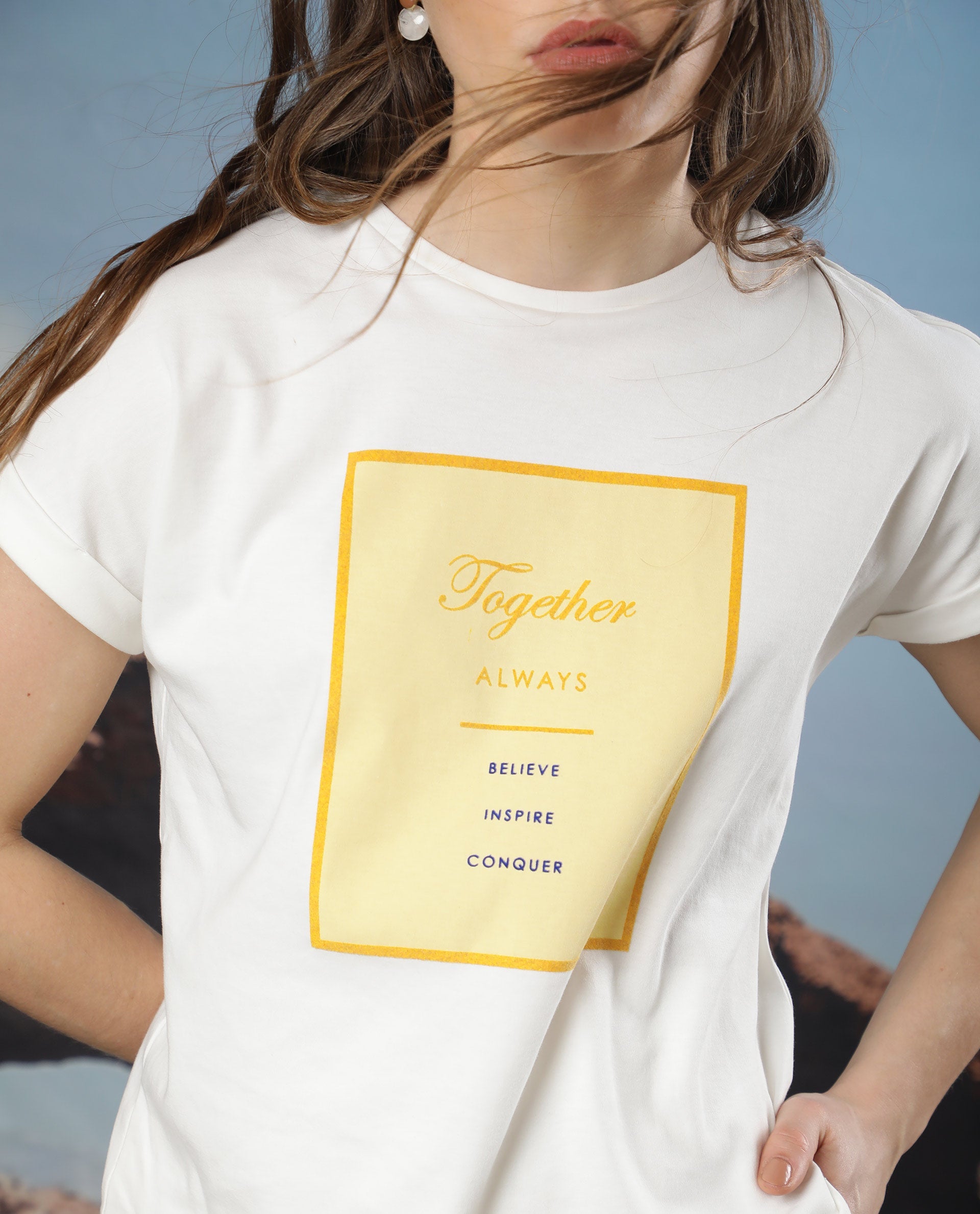 Rareism Women Ira White Cotton Fabric Short Sleeves Crew Neck Regular Fit Graphic Print T-Shirt