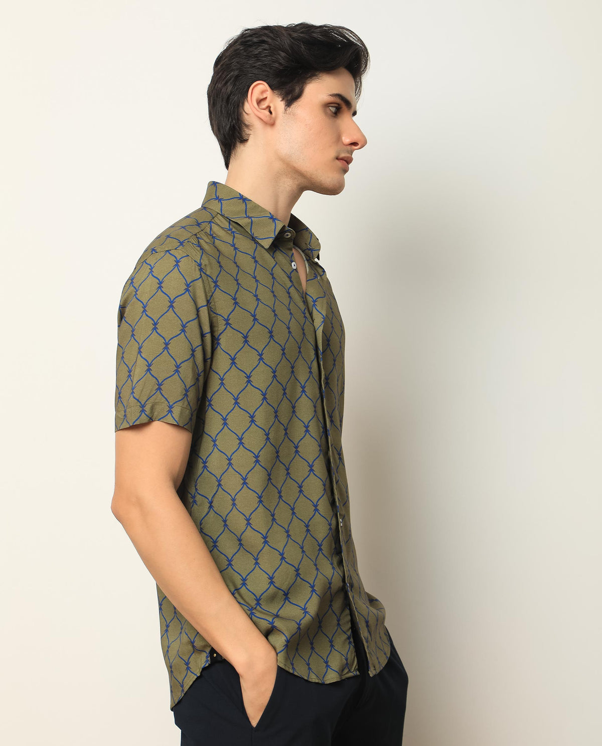 Rare Rabbit Men'S Beldon Olive Short Sleeves Collared Neck Slim Fit