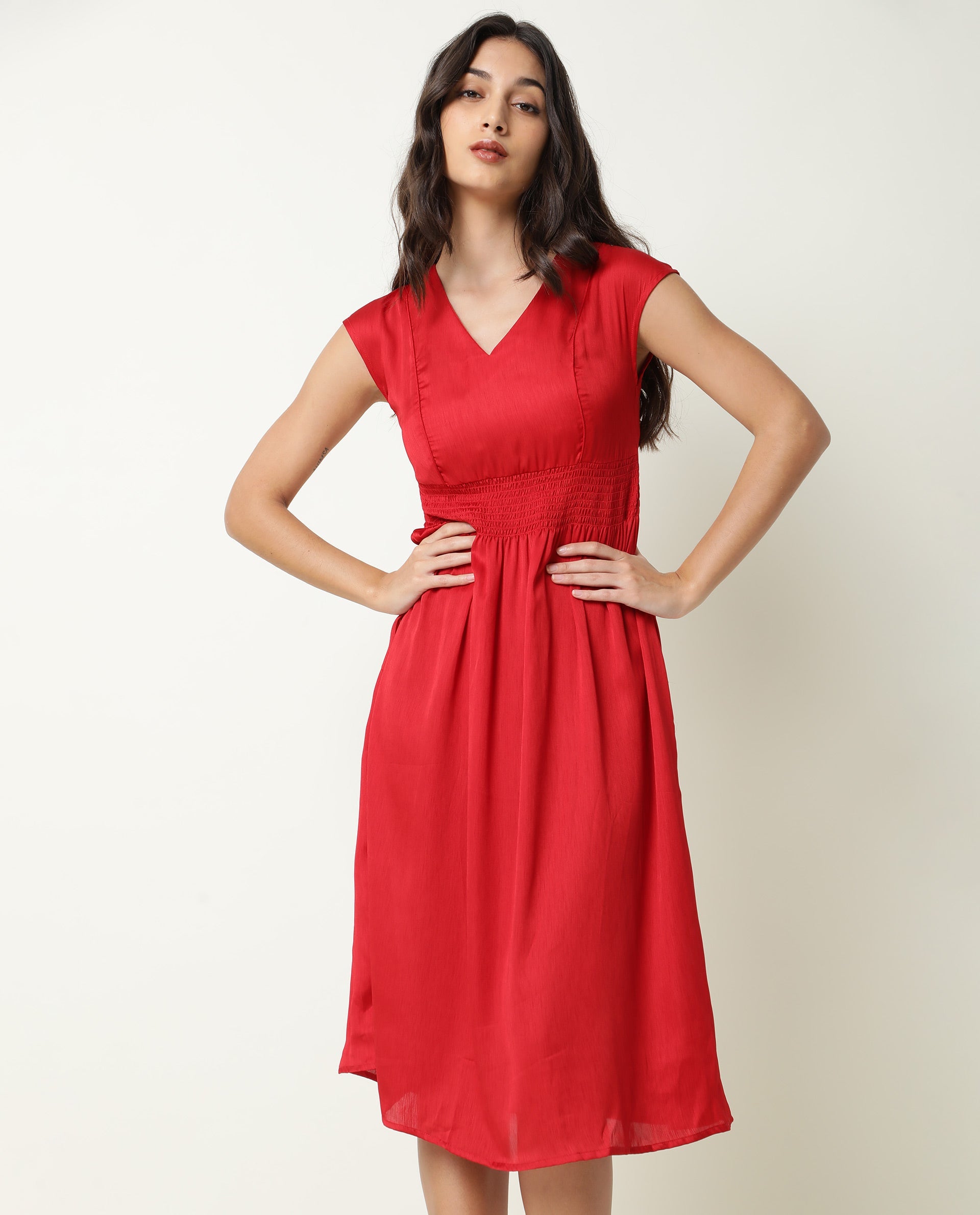 Rareism Women Milux Red V Neck Calf Sleeves Smocking Waist Knee Length Dress