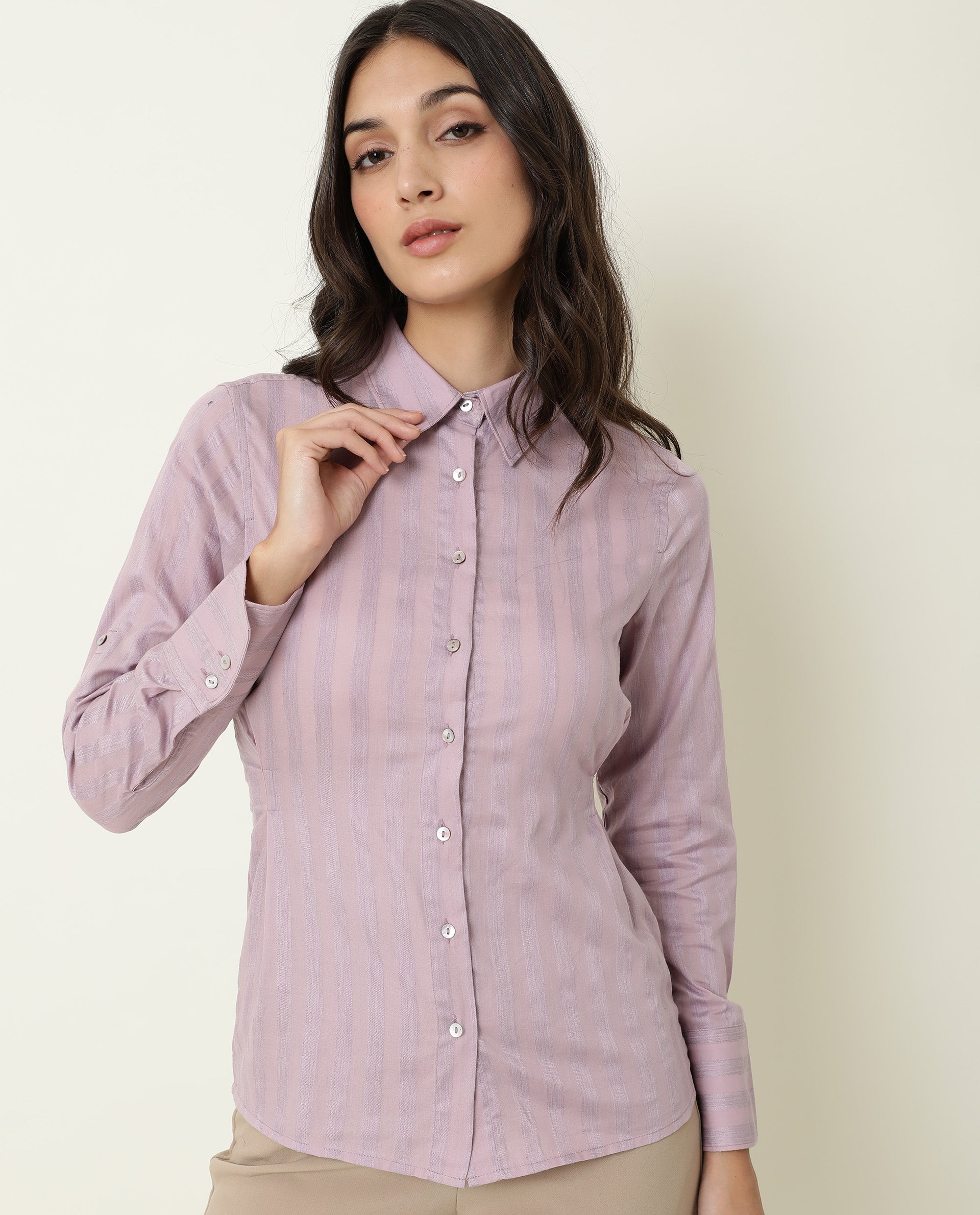 Rareism Women Pickle Pink Cotton Fabric Regular Fit Shirt Collar Full Sleeves Striped Top