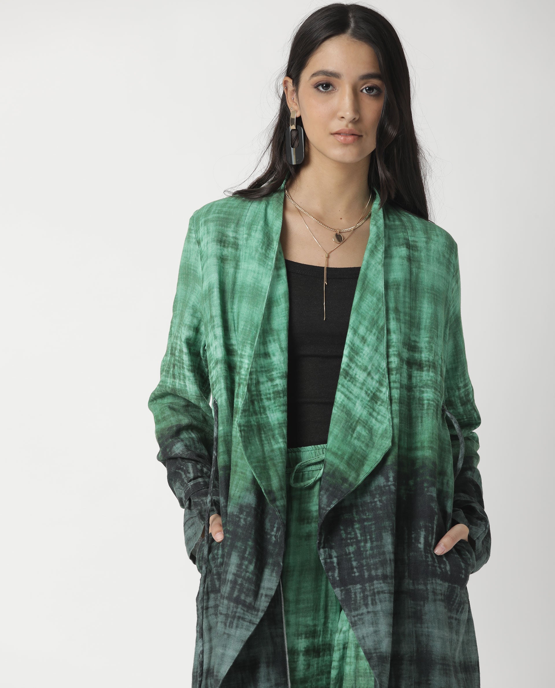 Rareism Women Boss Green Cotton Fabric Regular Fit Knee Length Abstract Print Collarless Outer Wear