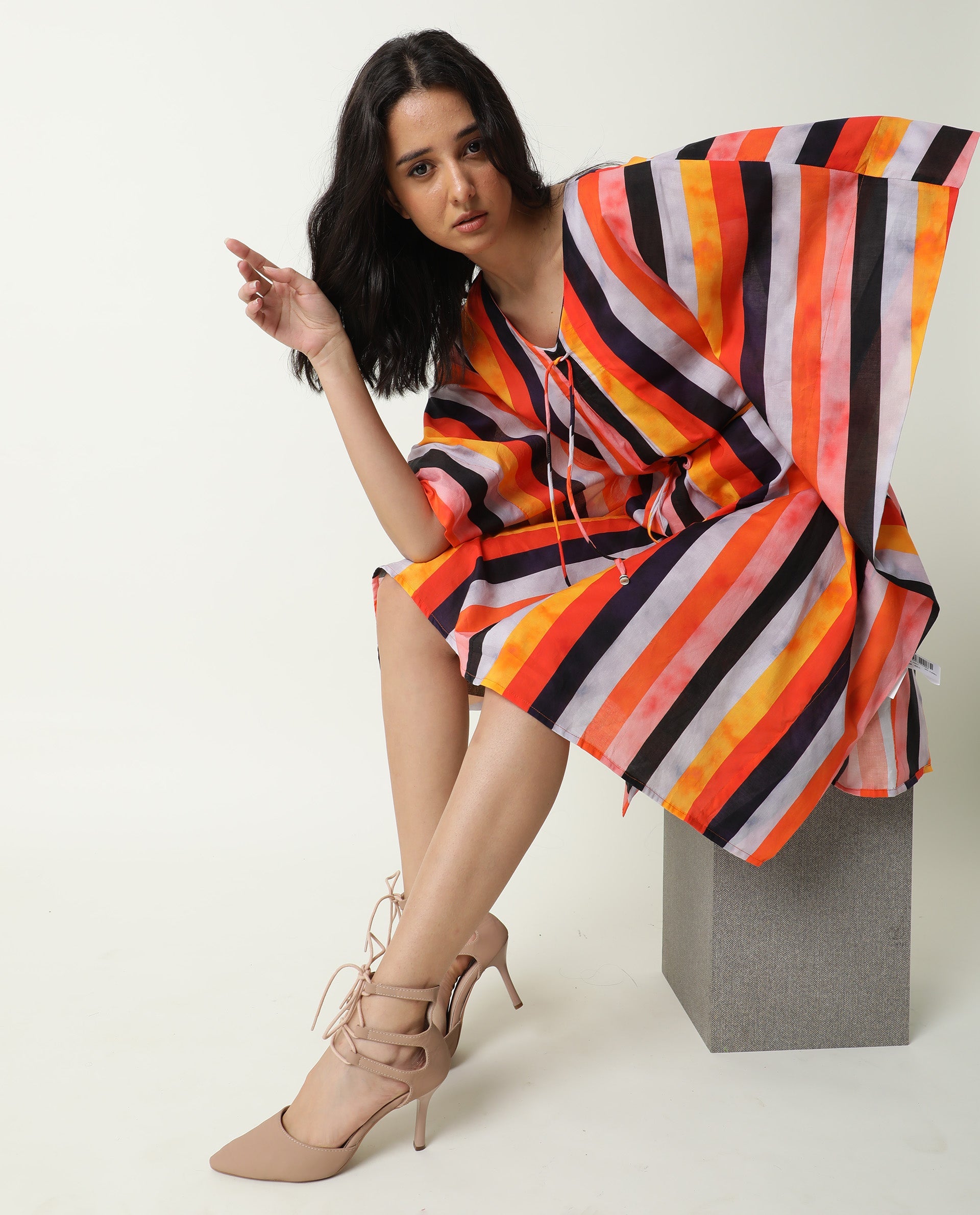 Rareism Women Fact Multi Abstract V Neck Tie Up At Neck And Waist Kaftan Knee Length Dress