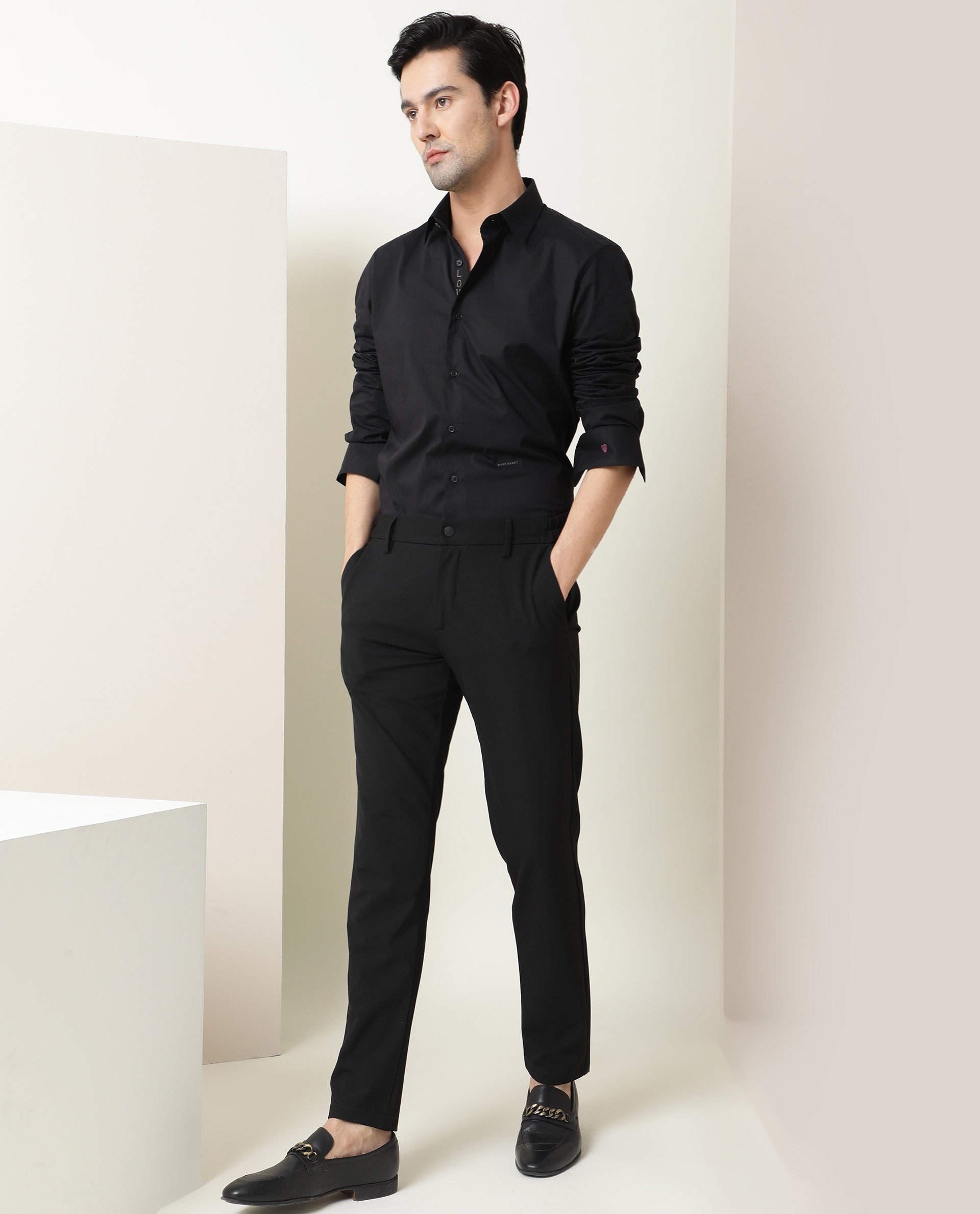 Rare Rabbit Men's I Love You Black Cotton Embroidered Regular Fit Full Sleeve Collared Shirt