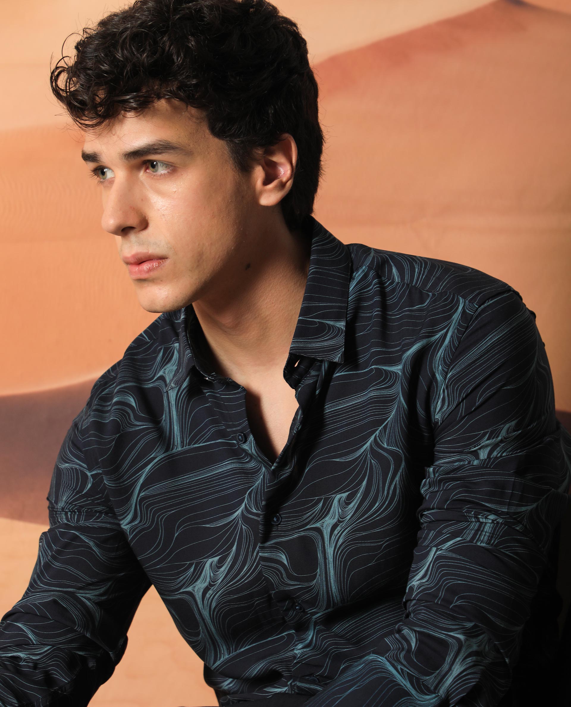 Rare Rabbit Men's Gravel Navy Viscose Fabric Abstract Print Full Sleeves Shirt