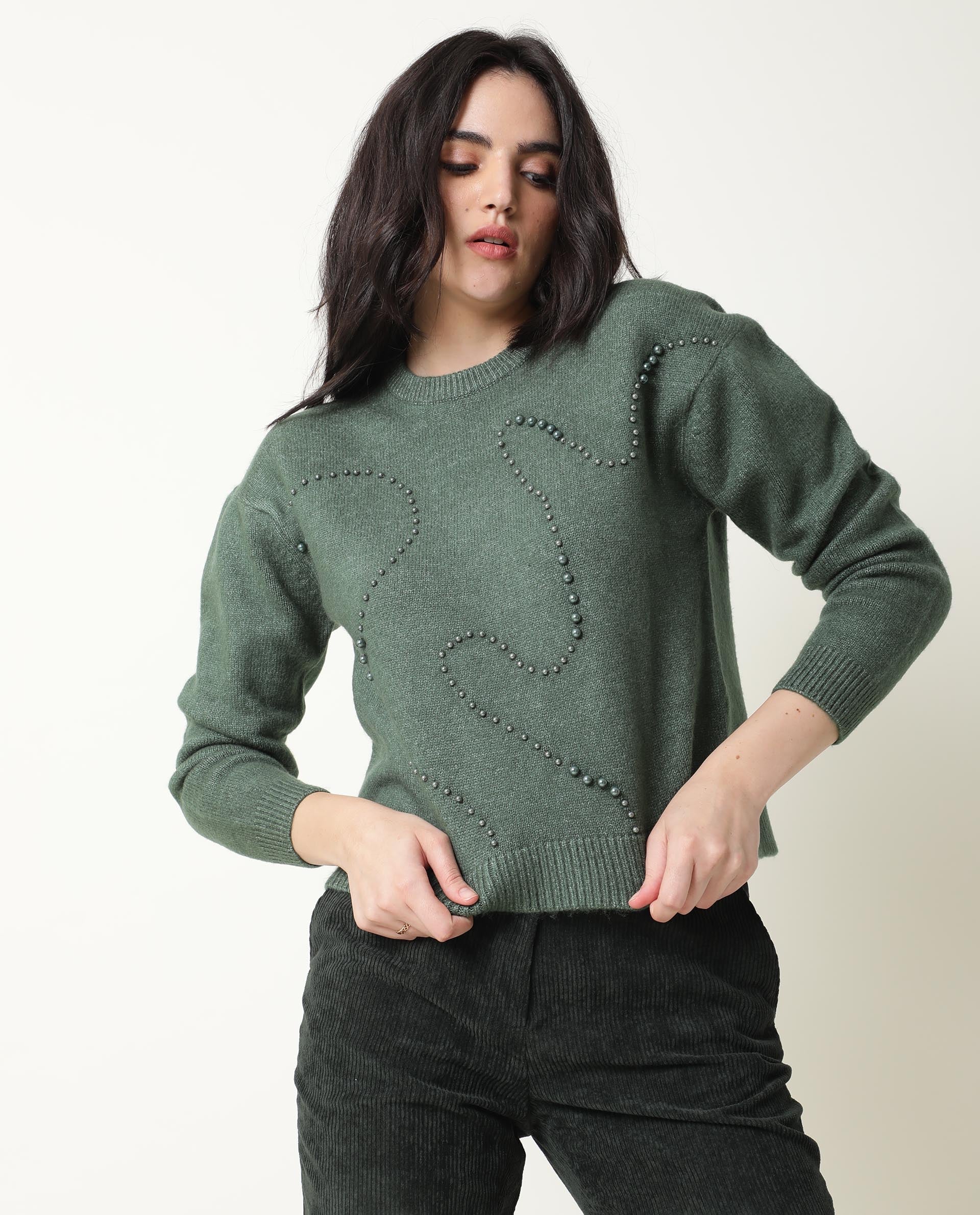 Rareism Women Tulsy Olive Acrylic Fabric Full Sleeves Knee Length Regular Fit Sequined Round Neck Sweater