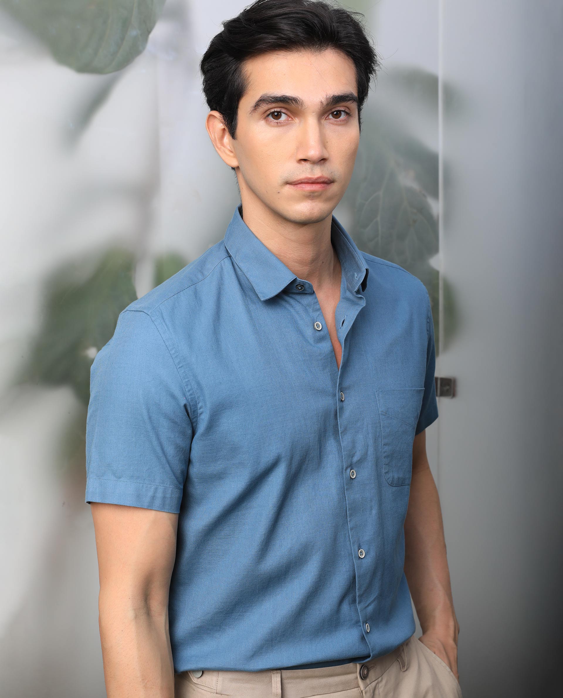 Rare Rabbit Mens Darwin Blue Cotton Fabric Short Sleeves Regular Fit Solid Shirt