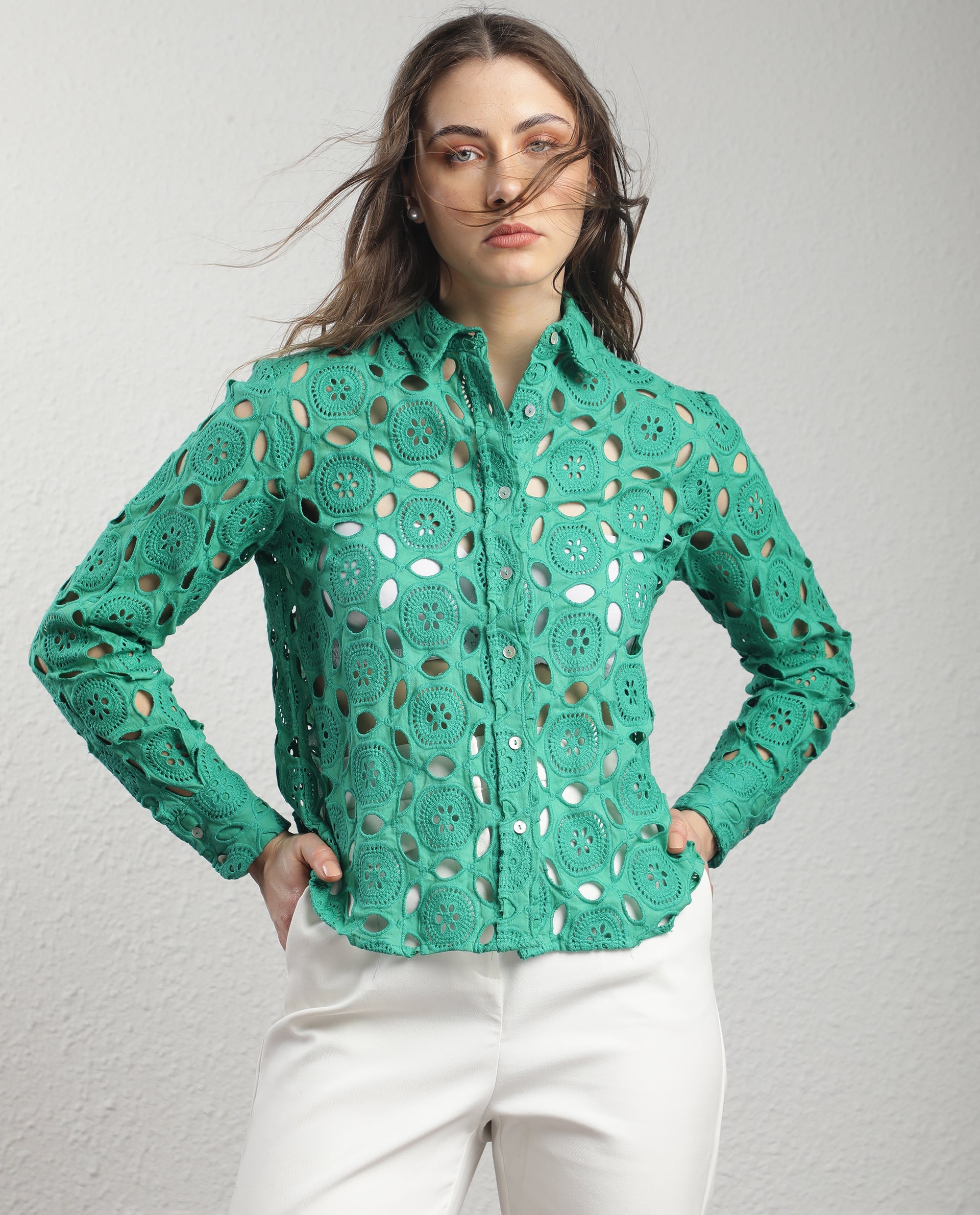 Rareism Women Olivia Green Top Cotton Fabric Full Sleeves Solid