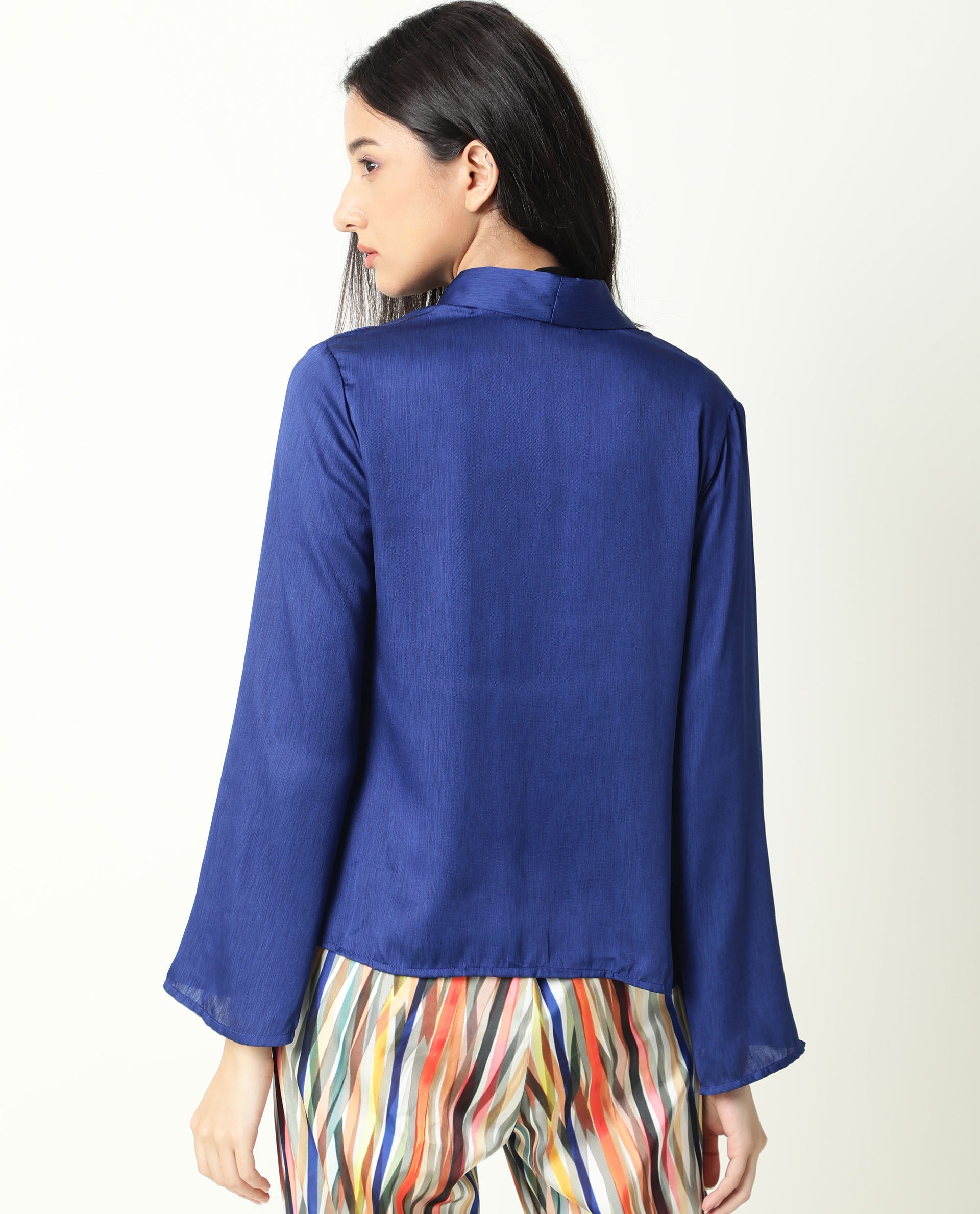 Rareism Women Cuff Blue Polyester Fabric Regular Fit Solid Shawl Collar Outer Wear