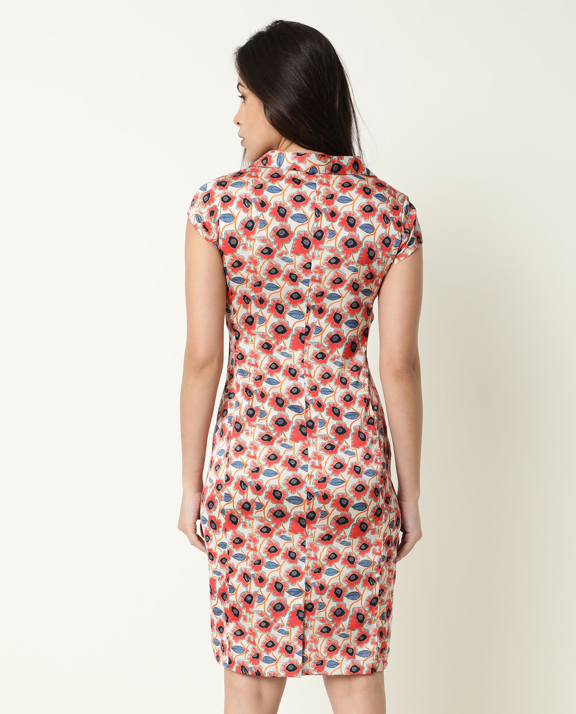 Rareism Women Orleans Beige Shirt Collar Cap Sleeves Mini Dress