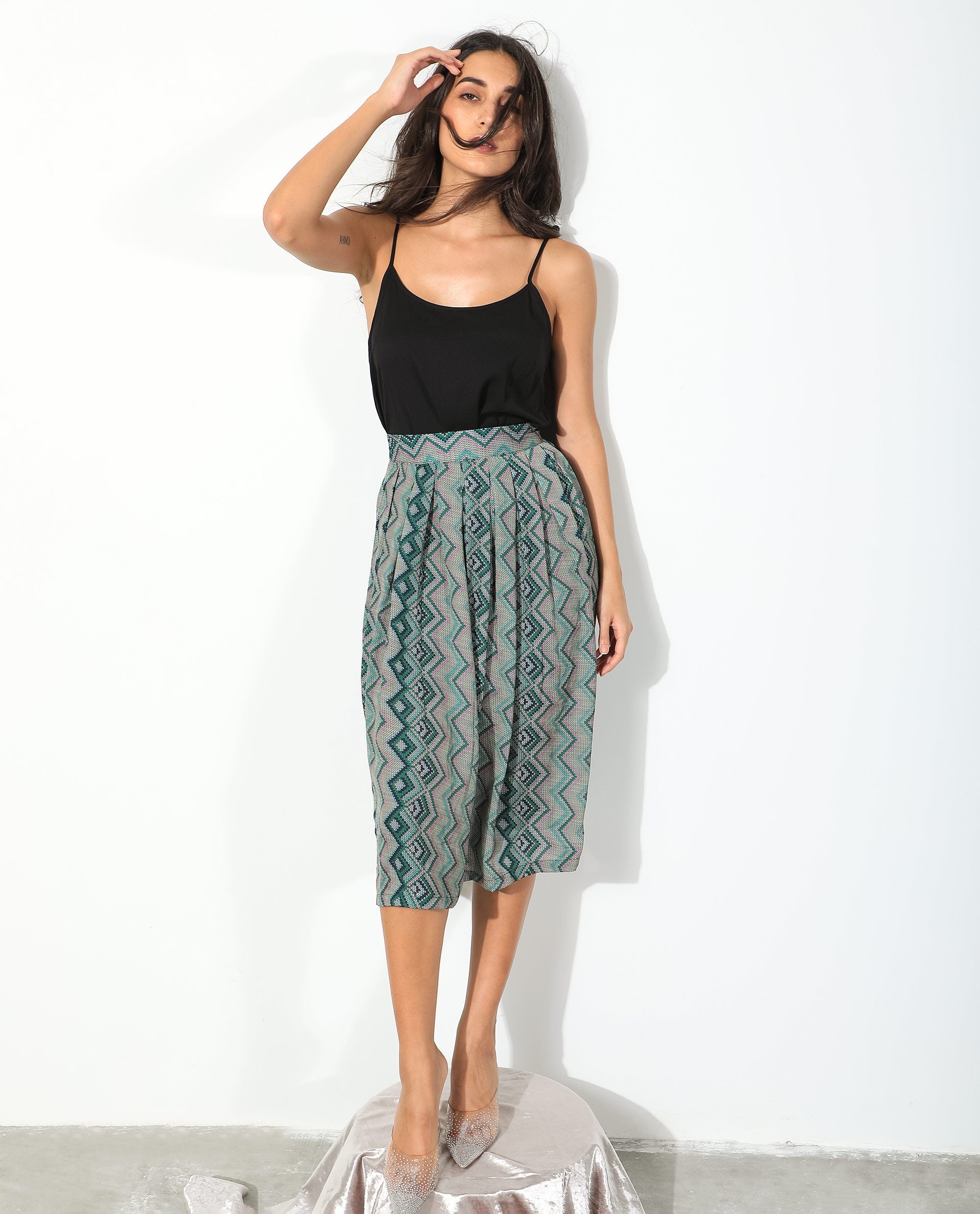 Rareism Women Arabella Dark Green Polyester Fabric Zip Closure Regular Fit Geometric Print Knee Length Skirt