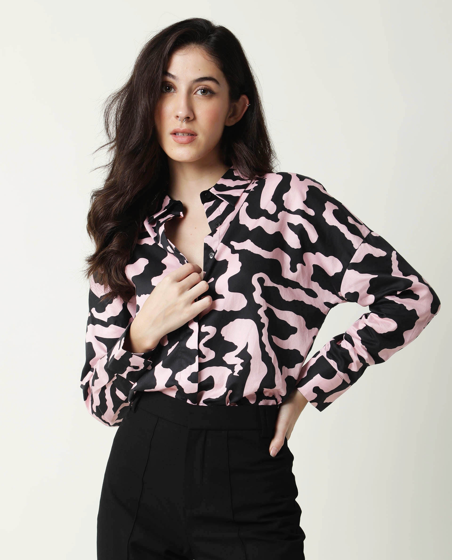 Rareism Women Revolt Black Cotton Linen Fabric Regular Fit Collarless Full Sleeves Abstract Print Top