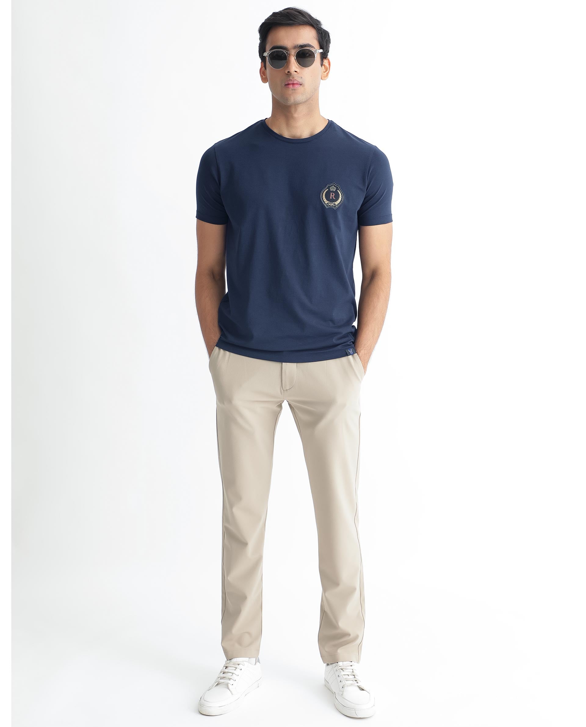 Rare Rabbit Men's Kos Navy Solid Crew Neck Chest Embroidered Label Branding Half Sleeves Regular Fit T-Shirt