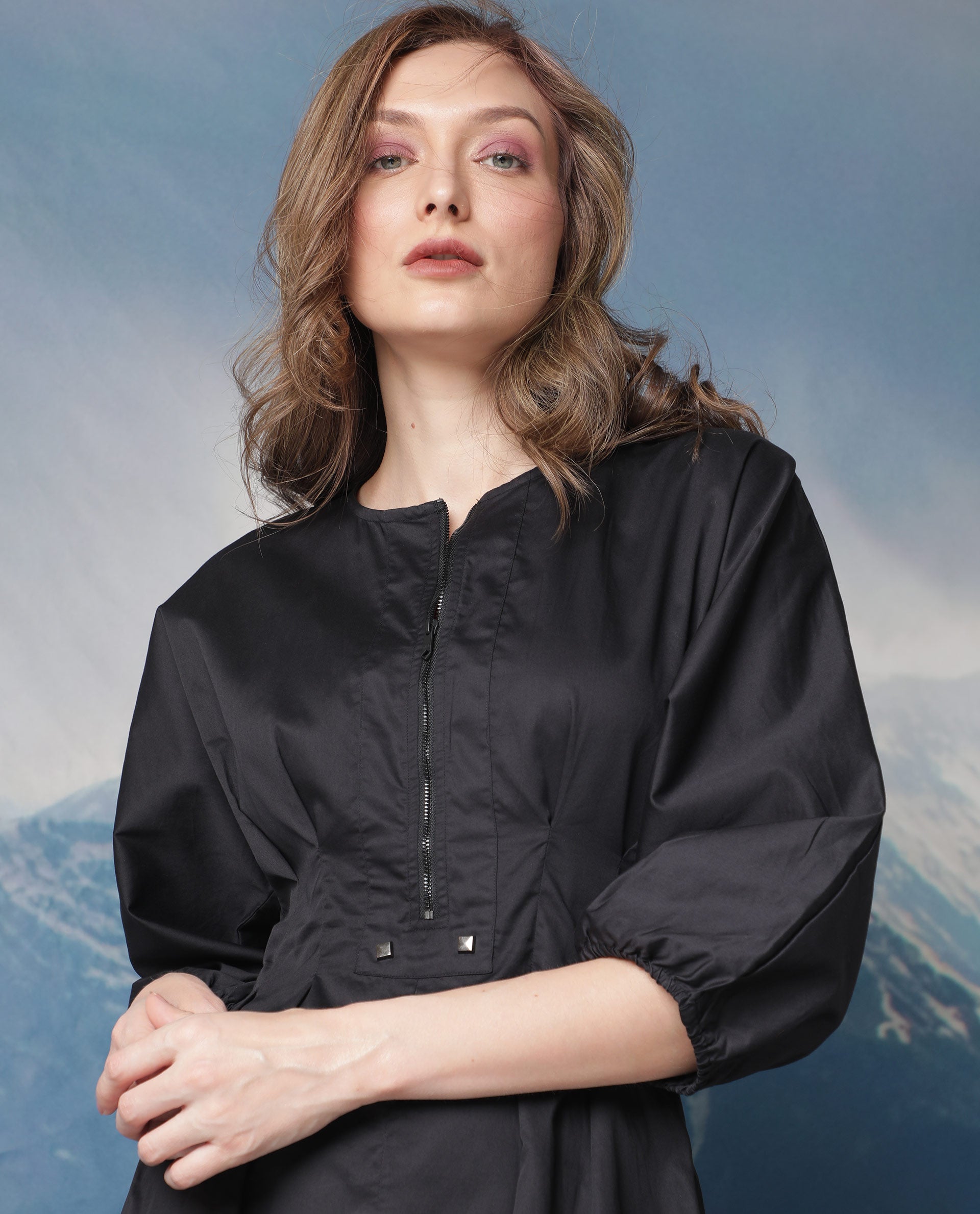 Rareism Women's Mayem Black Cotton Fabric Crew Neck Zipper Closure Volume Sleeve Plain Fit And Flare Knee Length Dress