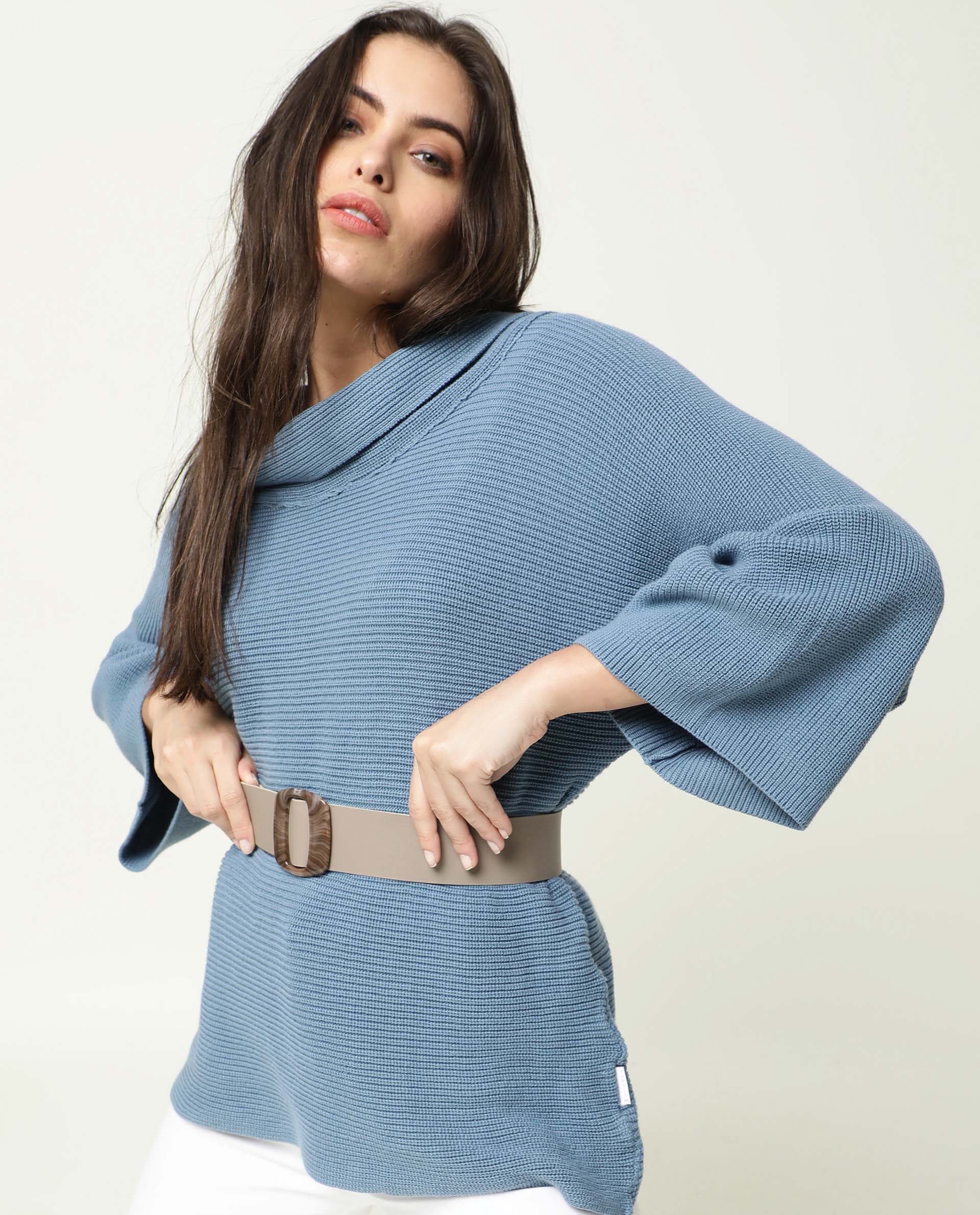 Rareism Women Cleo Blue 3/4Th Sleeves Relaxed Fit Solid Cowl Neck Sweater