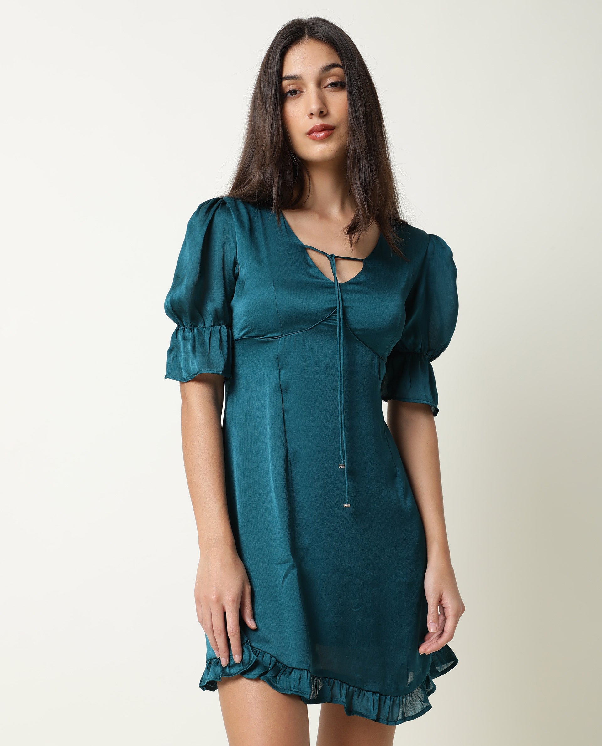 Rareism Women Betty Green V Neck Front Tie Up Short Puff Sleeves With Ruffled Hem Mini Dress
