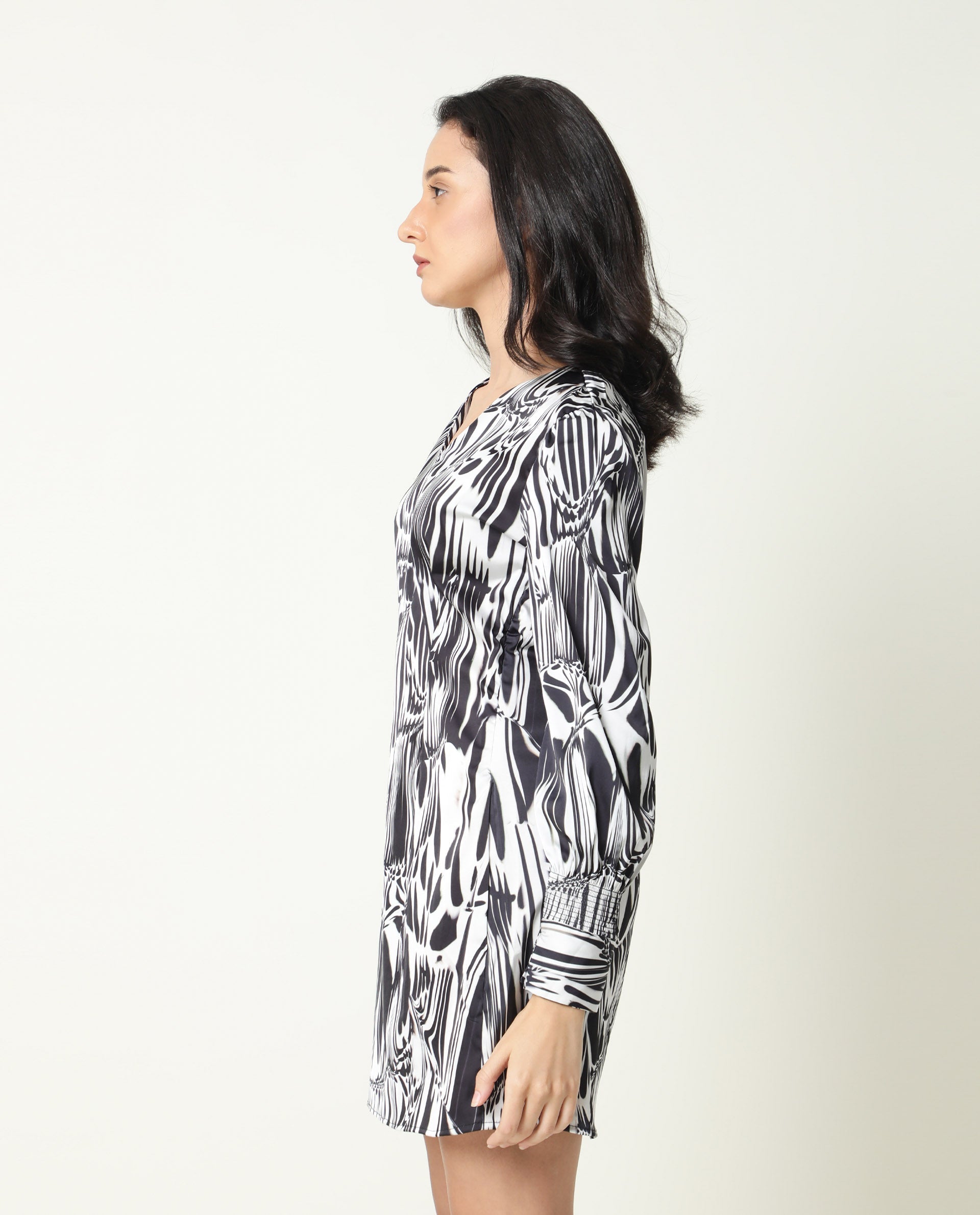 Rareism Women Fold Black Abstract Print Band Collar 3/4 Sleeves With Cuff Mini Dress