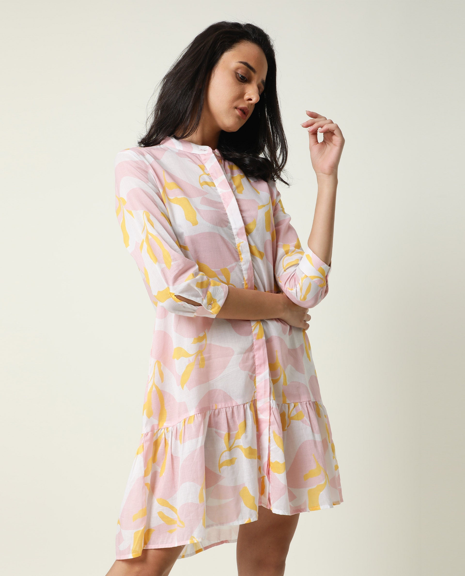 Rareism Women Champ Pink Abstract Print High Neck 3/4 Sleeves Front Full Button Closure Placket Mini Dress