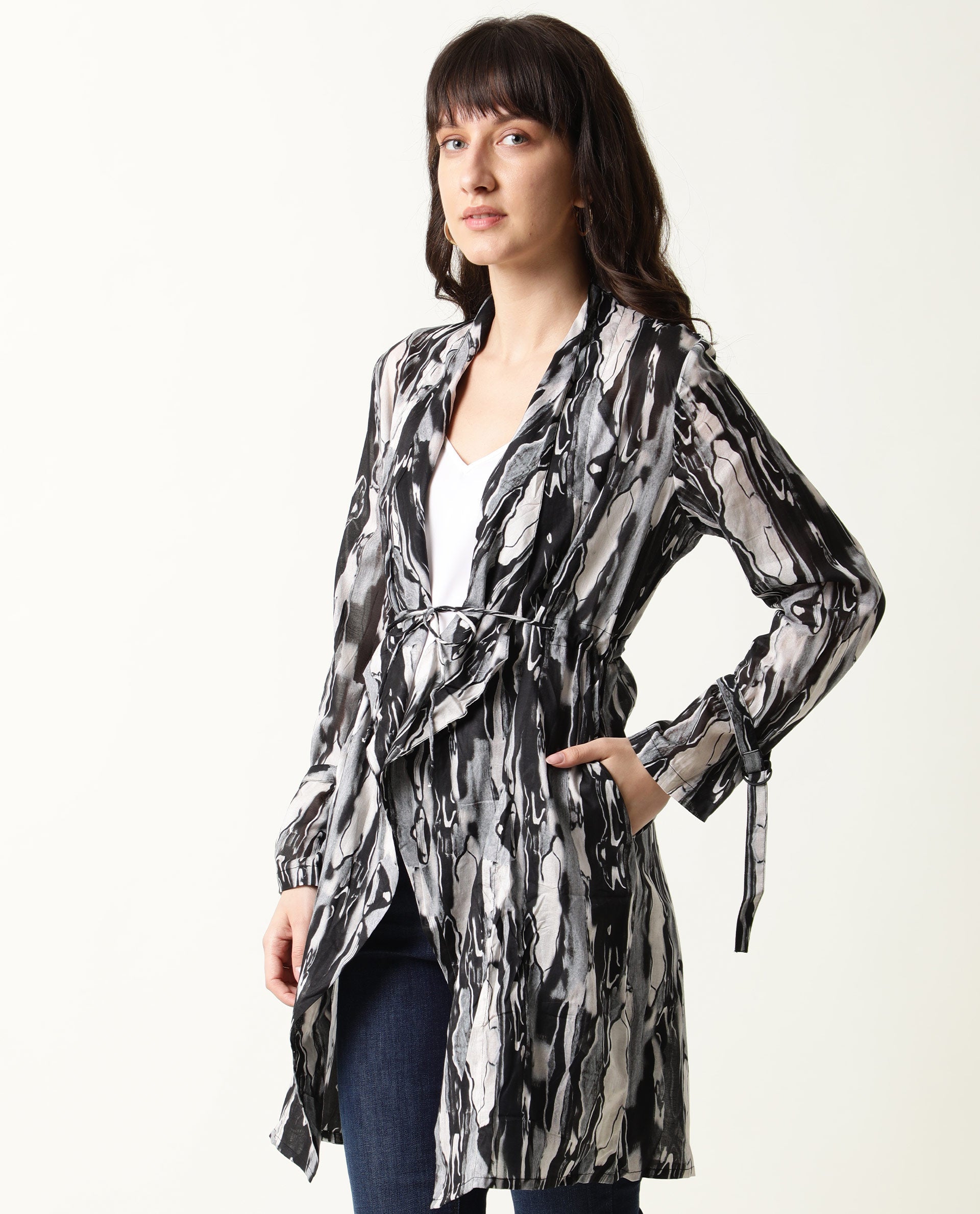 Rareism Women Shake Black Cotton Fabric Relaxed Fit Knee Length Abstract Print Collarless Outer Wear