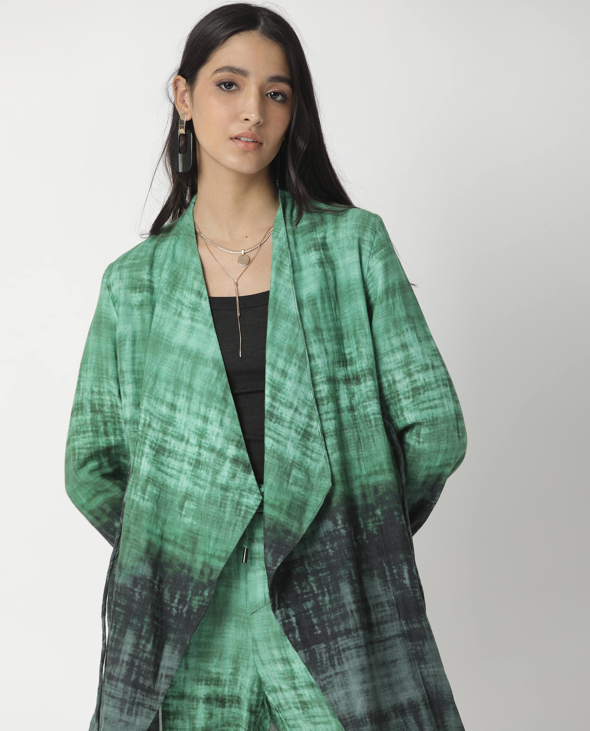 Rareism Women Boss Green Cotton Fabric Regular Fit Knee Length Abstract Print Collarless Outer Wear