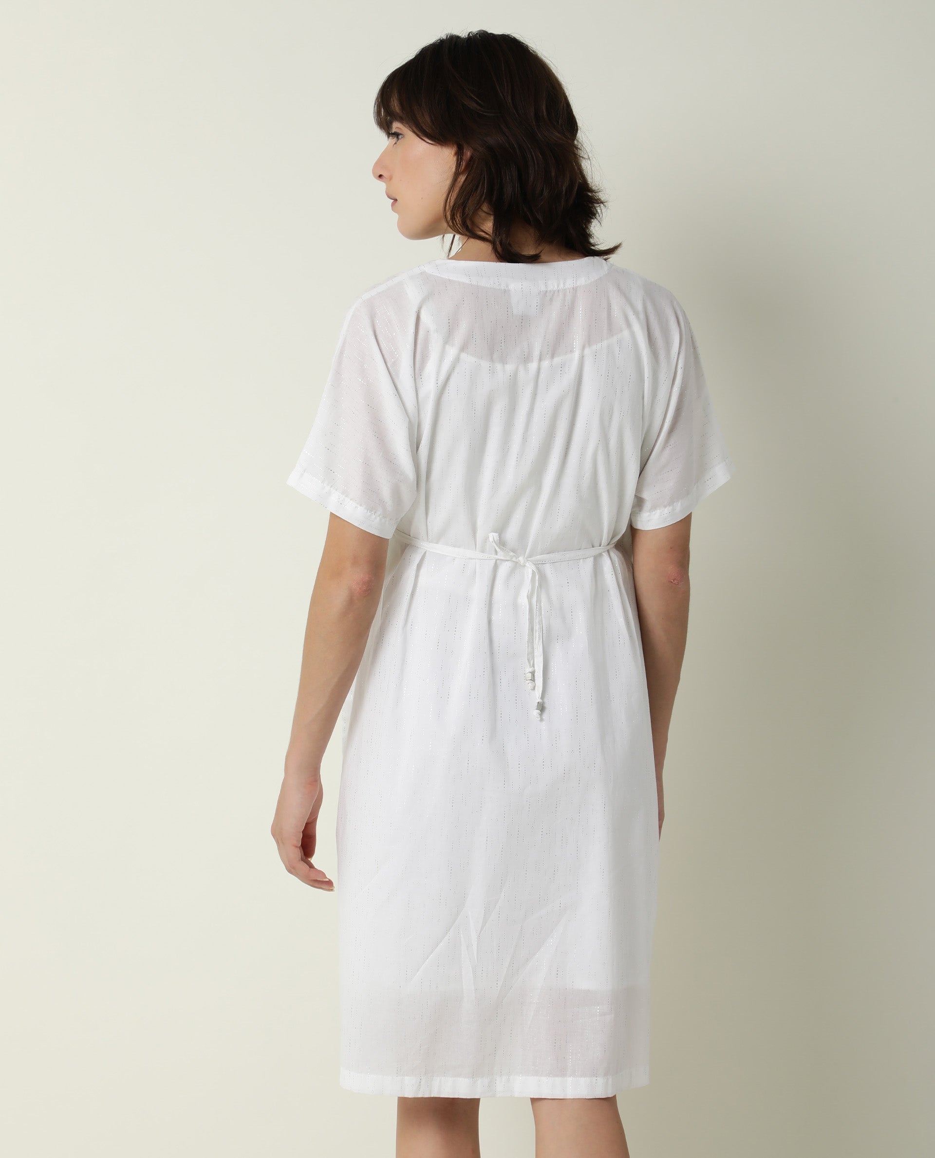 Rareism Women Shawn White V Neck Tie Up Half Sleeves Drawstring At Waist With Pockets Kaftan Knee Length Dress