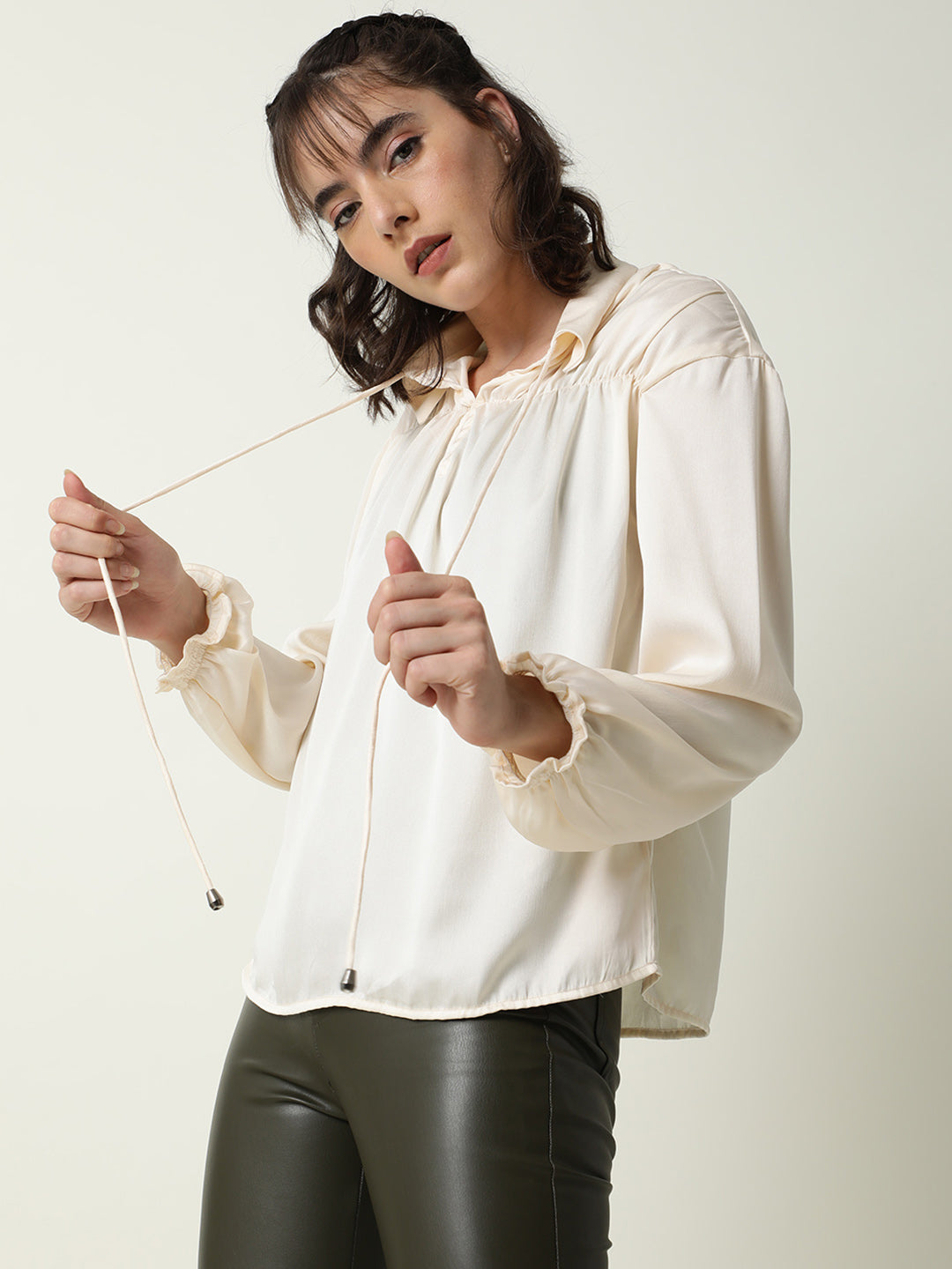 Rareism Women Paxo Off White Poly Cotton Fabric Regular Fit Tie-Up Neck Full Sleeves Solid Top