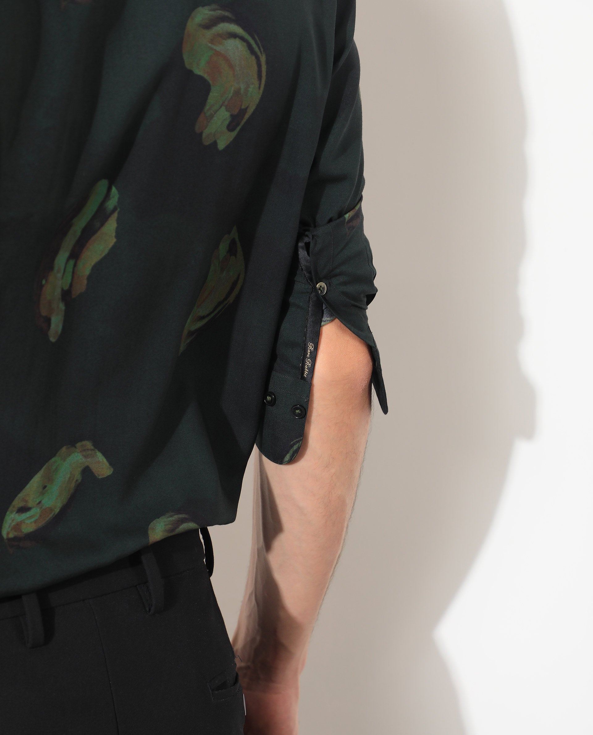 Rare Rabbit Men's Inari Dark Green Viscose Fabric Abstract Print Full Sleeves Shirt